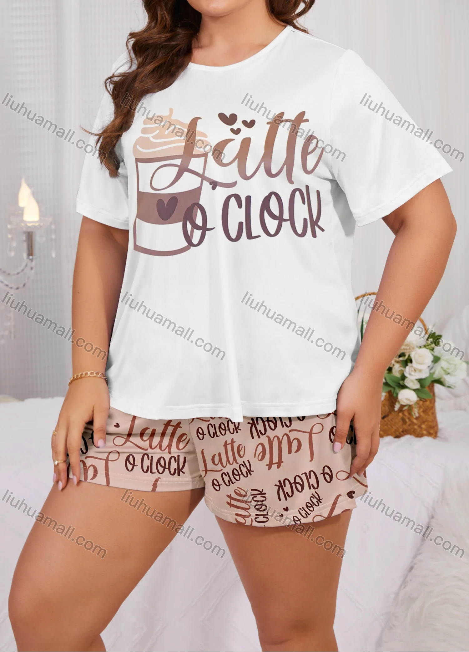 Wholesale Women's Lounge Milk Silk Letter Print Short Sleeve T-shirt & Shorts Pajamas Sets DM2306-02# - Liuhuamall