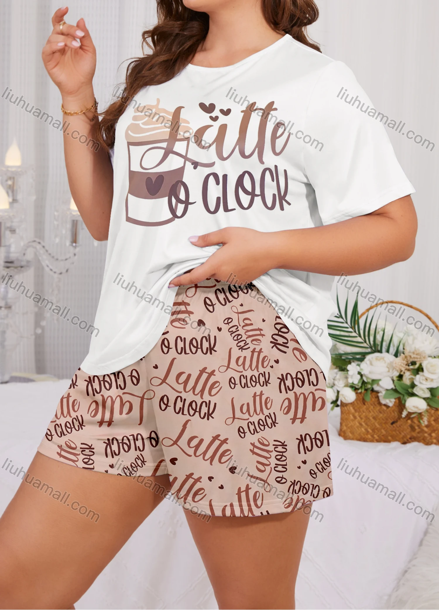 Wholesale Women's Lounge Milk Silk Letter Print Short Sleeve T-shirt & Shorts Pajamas Sets DM2306-02# - Liuhuamall