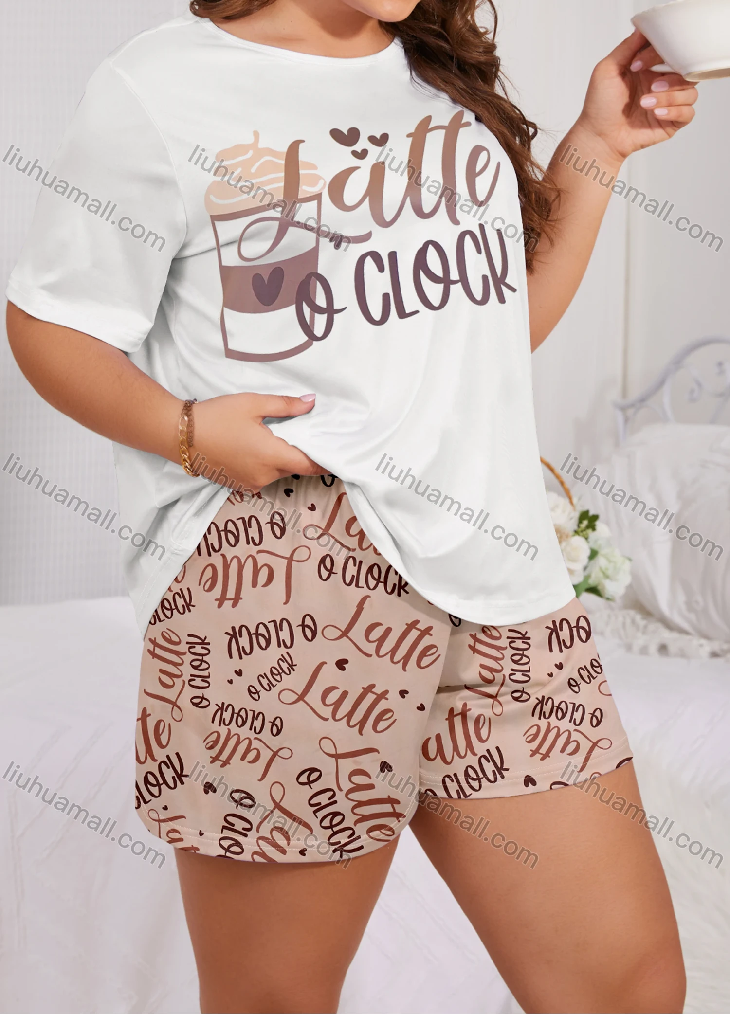 Wholesale Women's Lounge Milk Silk Letter Print Short Sleeve T-shirt & Shorts Pajamas Sets DM2306-02# - Liuhuamall