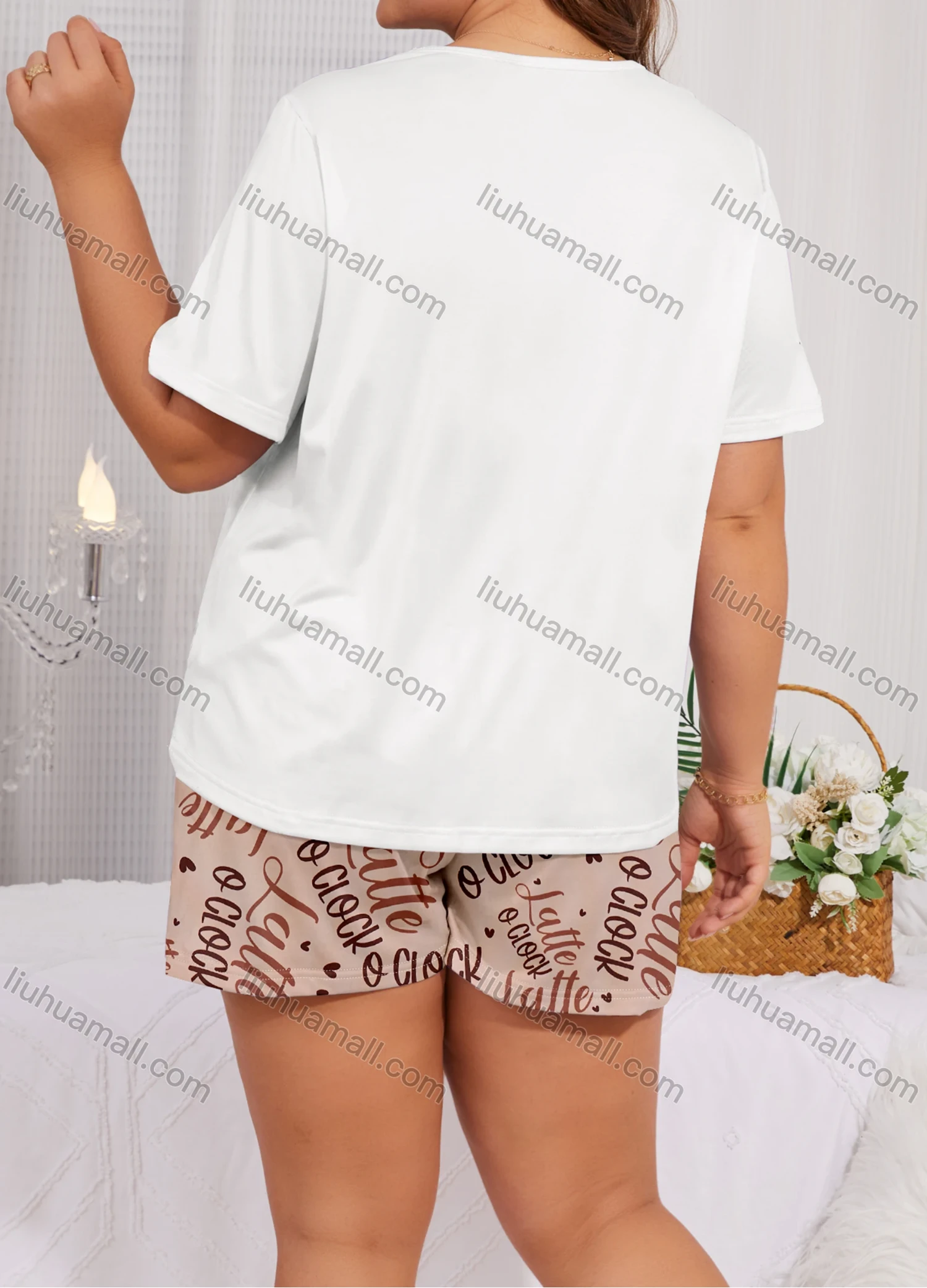 Wholesale Women's Lounge Milk Silk Letter Print Short Sleeve T-shirt & Shorts Pajamas Sets DM2306-02# - Liuhuamall