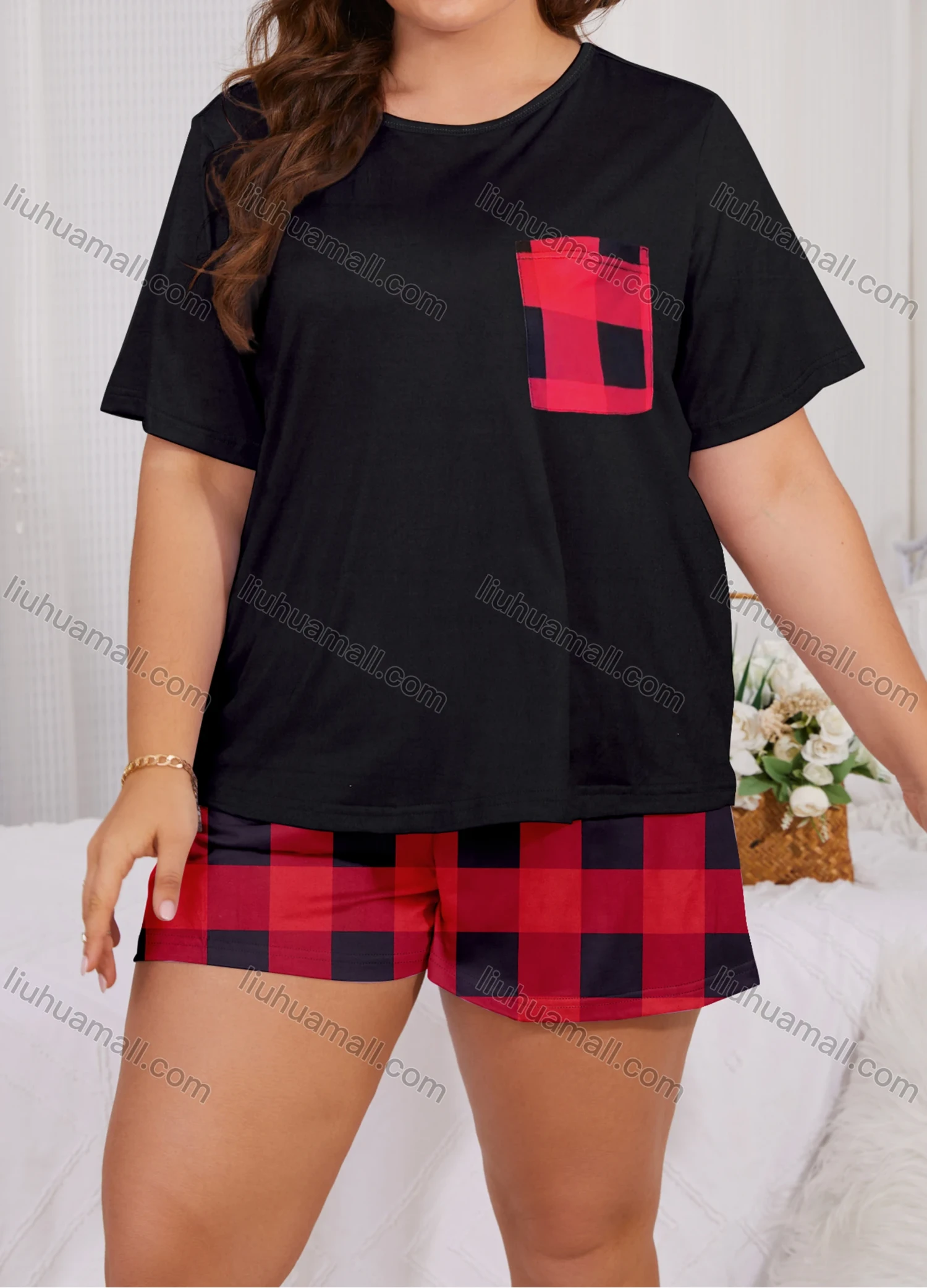 Wholesale Women's Lounge Milk Silk Patchwork Patch Pocket Short Sleeve T-shirt & Plaid Print Shorts Pajamas Sets DM2308# - Liuhuamall
