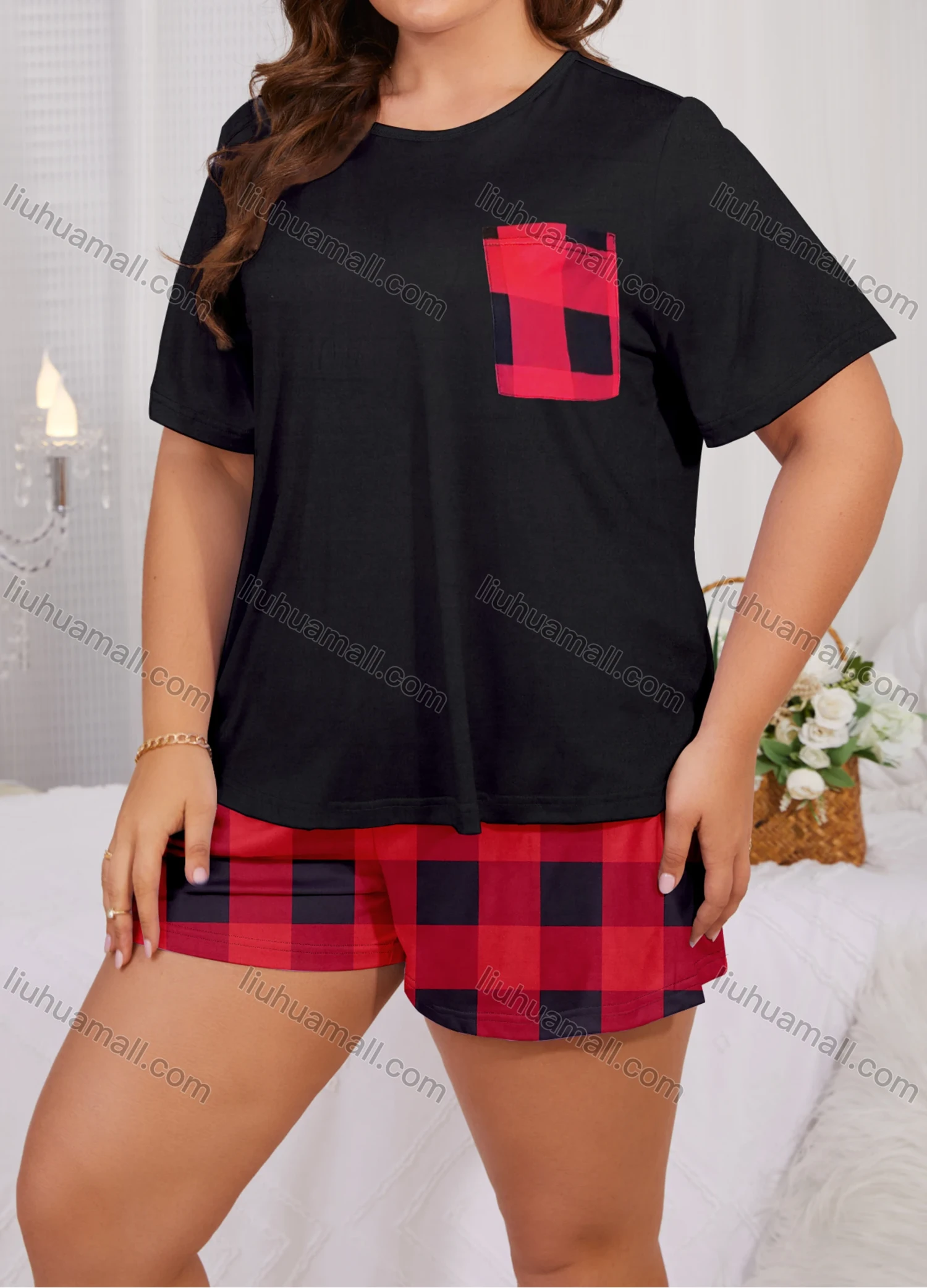 Wholesale Women's Lounge Milk Silk Patchwork Patch Pocket Short Sleeve T-shirt & Plaid Print Shorts Pajamas Sets DM2308# - Liuhuamall