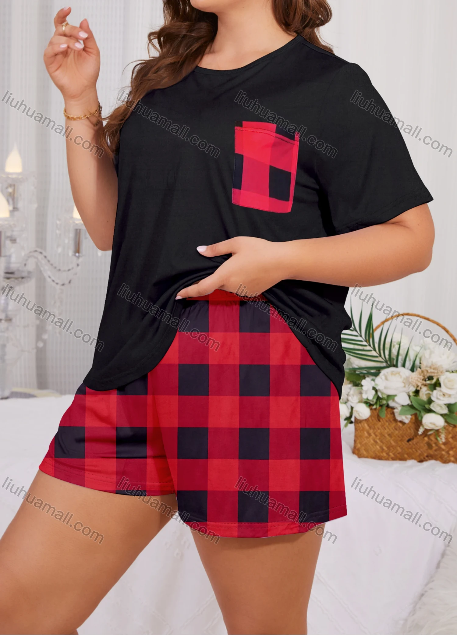 Wholesale Women's Lounge Milk Silk Patchwork Patch Pocket Short Sleeve T-shirt & Plaid Print Shorts Pajamas Sets DM2308# - Liuhuamall