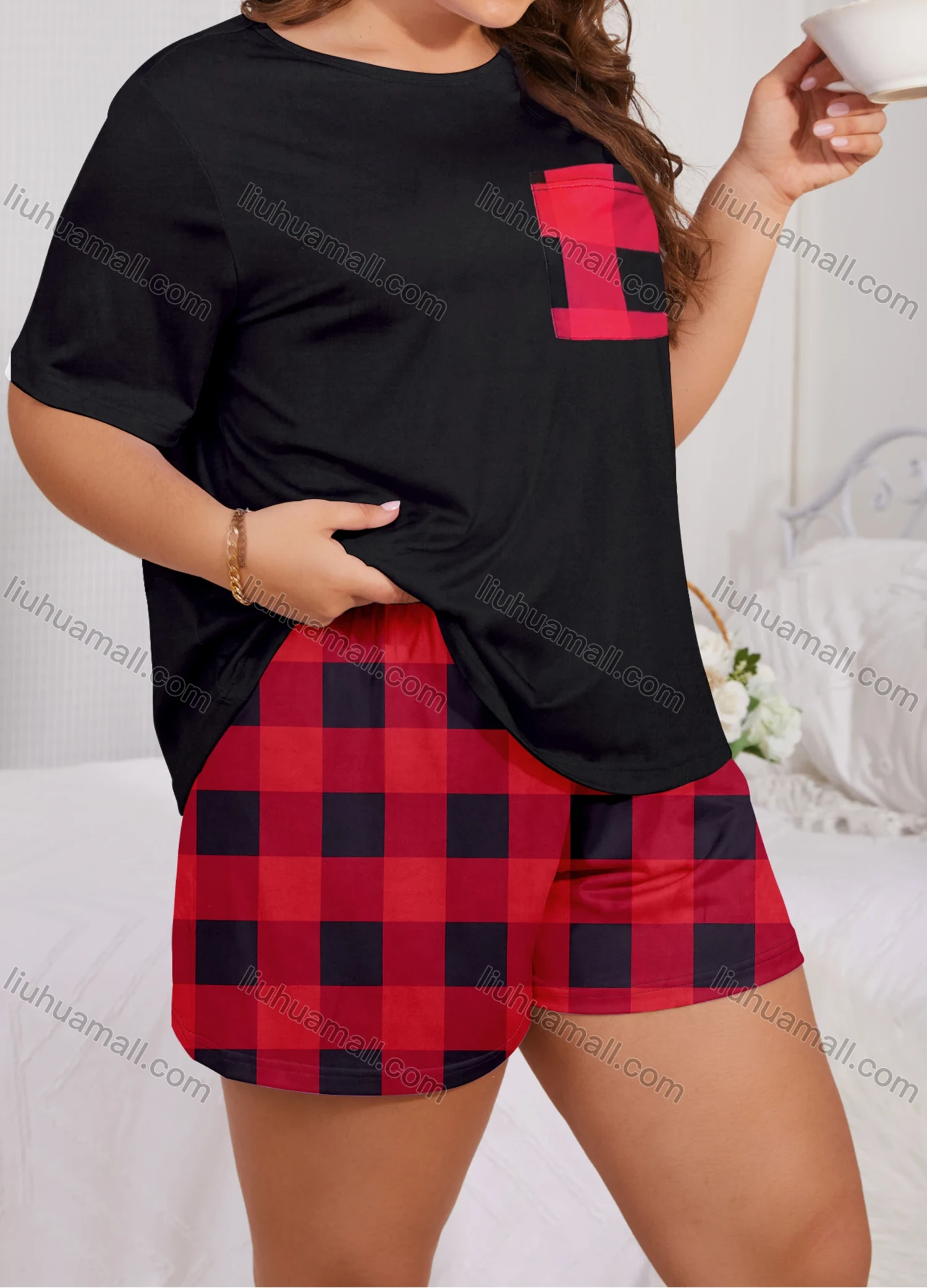 Wholesale Women's Lounge Milk Silk Patchwork Patch Pocket Short Sleeve T-shirt & Plaid Print Shorts Pajamas Sets DM2308# - Liuhuamall
