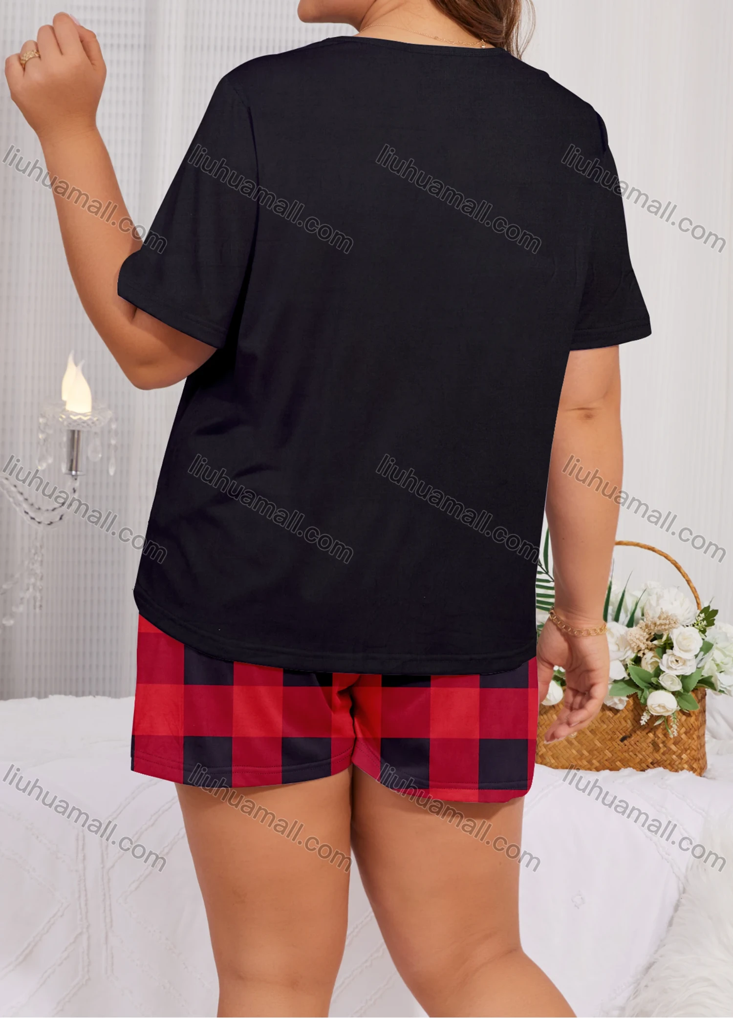 Wholesale Women's Lounge Milk Silk Patchwork Patch Pocket Short Sleeve T-shirt & Plaid Print Shorts Pajamas Sets DM2308# - Liuhuamall