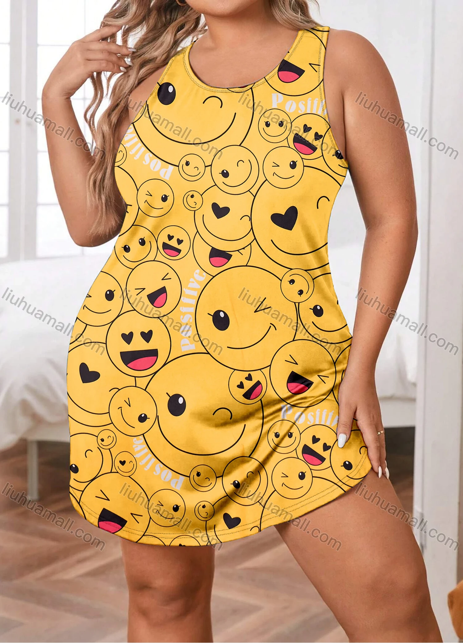 Wholesale Women's Milk Silk Allover Print Crew Neck Curved Hem Lounge Tank Short Nightdress DM1201-01# - Liuhuamall