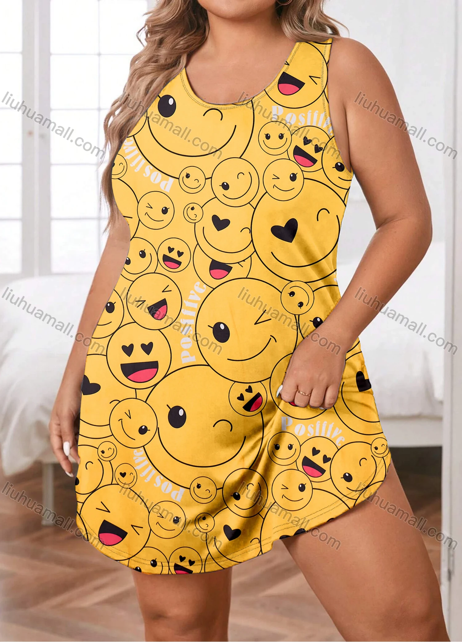 Wholesale Women's Milk Silk Allover Print Crew Neck Curved Hem Lounge Tank Short Nightdress DM1201-01# - Liuhuamall
