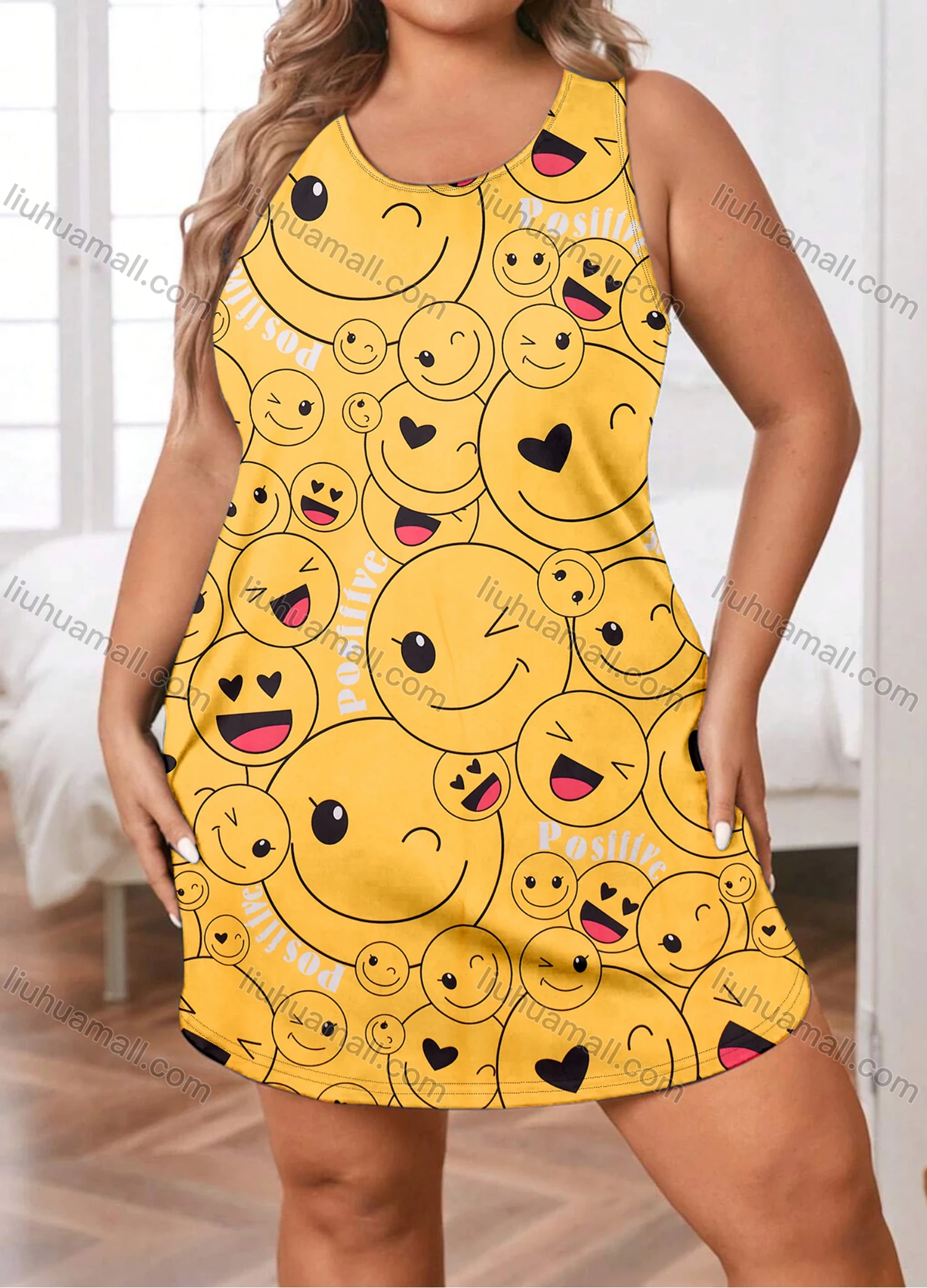 Wholesale Women's Milk Silk Allover Print Crew Neck Curved Hem Lounge Tank Short Nightdress DM1201-01# - Liuhuamall