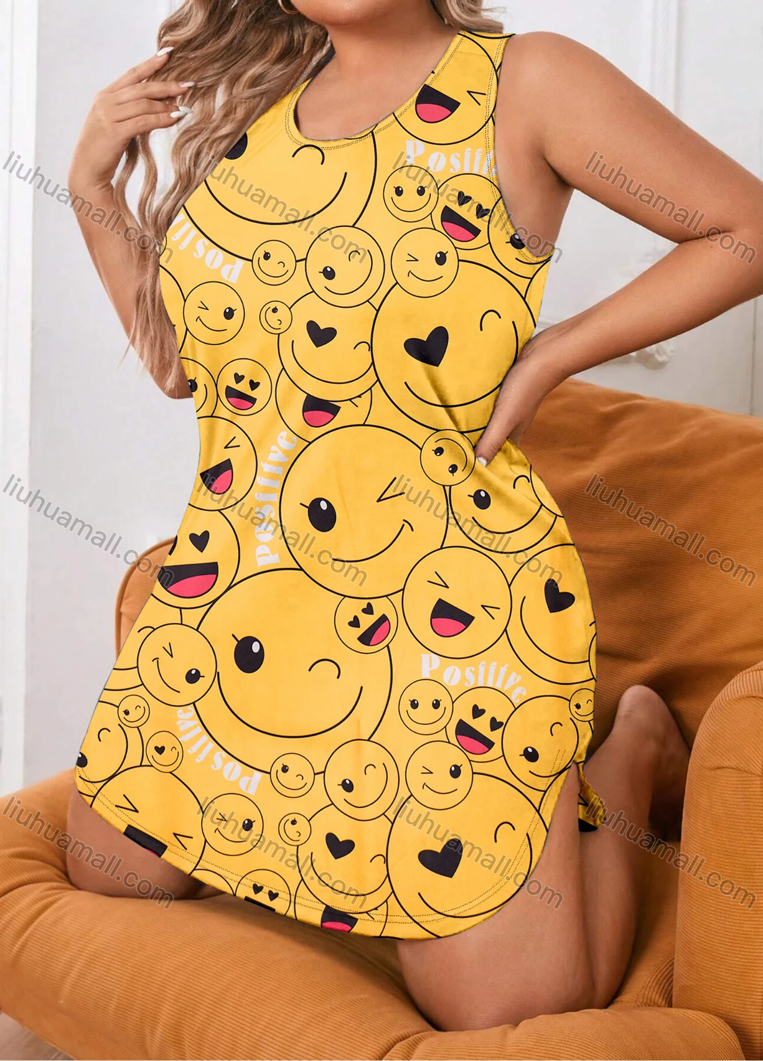 Wholesale Women's Milk Silk Allover Print Crew Neck Curved Hem Lounge Tank Short Nightdress DM1201-01# - Liuhuamall