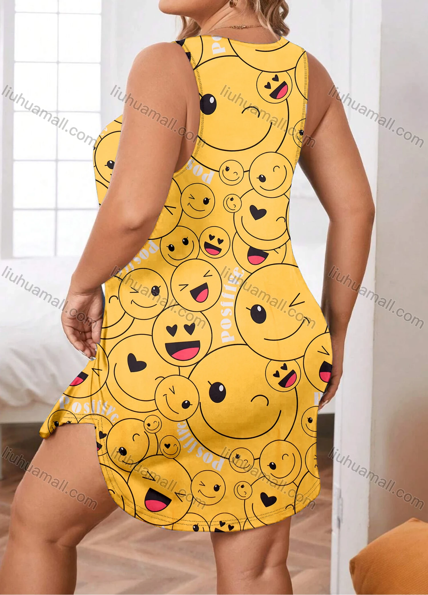 Wholesale Women's Milk Silk Allover Print Crew Neck Curved Hem Lounge Tank Short Nightdress DM1201-01# - Liuhuamall