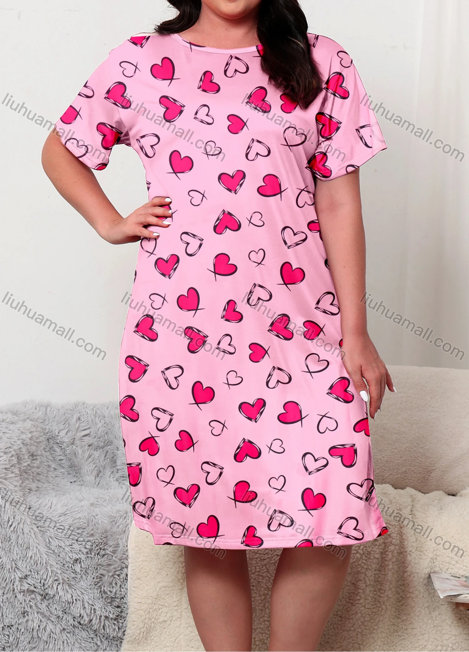 Wholesale Women's Milk Silk Heart Print Crew Neck Short Sleeve Lounge Midi Nightdress DM1305-03# - Liuhuamall