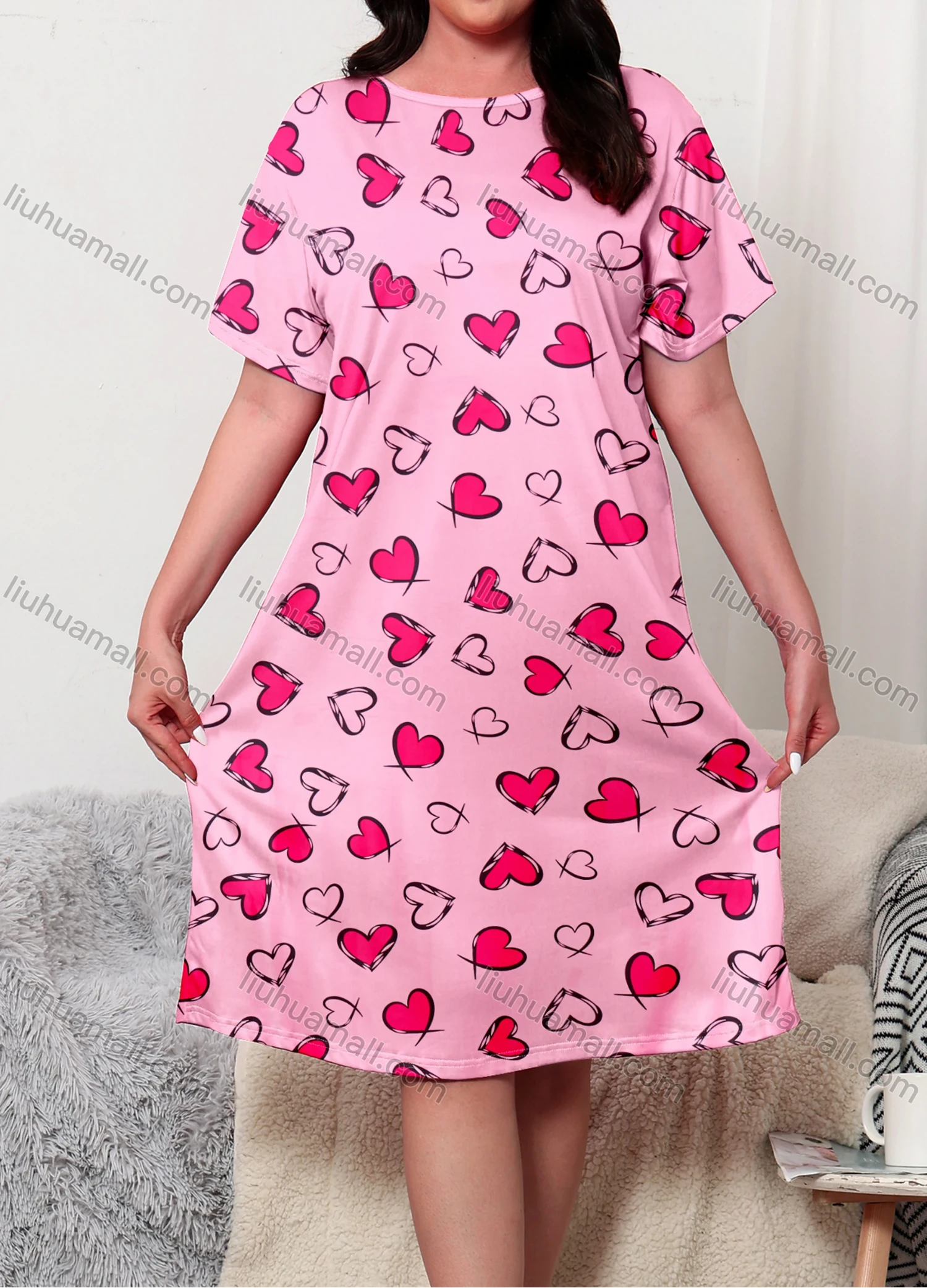 Wholesale Women's Milk Silk Heart Print Crew Neck Short Sleeve Lounge Midi Nightdress DM1305-03# - Liuhuamall
