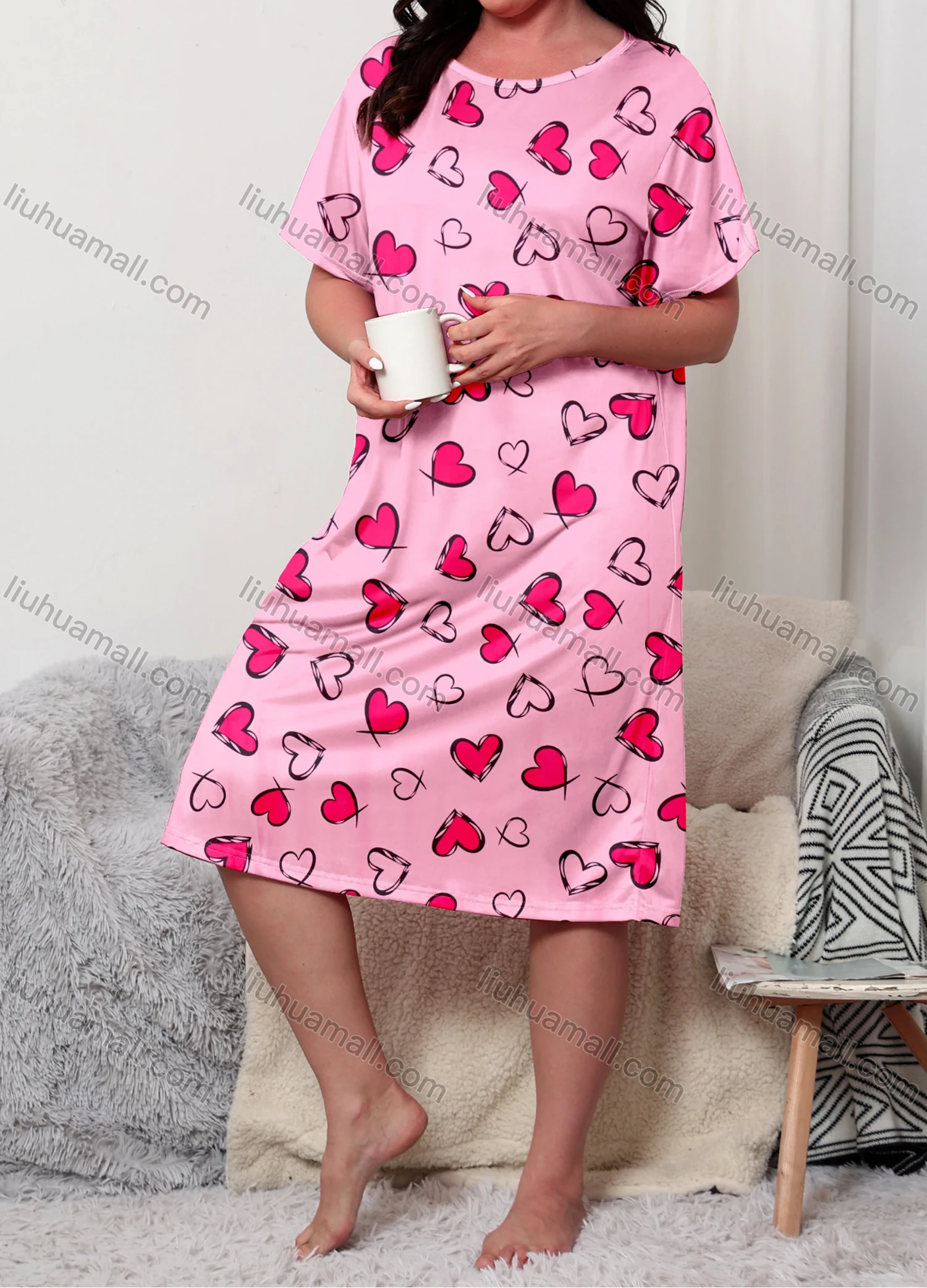 Wholesale Women's Milk Silk Heart Print Crew Neck Short Sleeve Lounge Midi Nightdress DM1305-03# - Liuhuamall