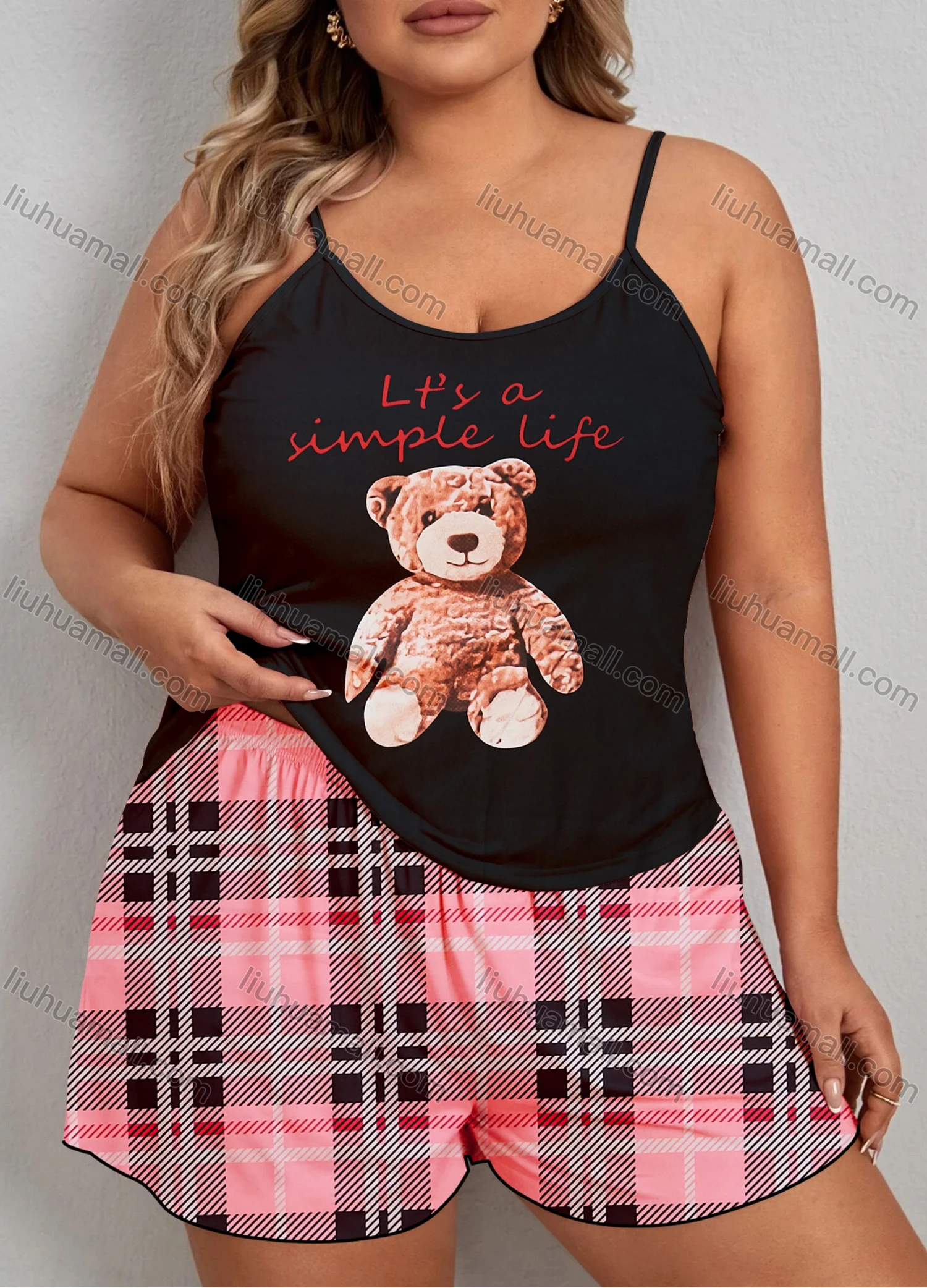 Wholesale Women's Lounge Milk Silk Bear Letter Print Cami Tops & Plaid Print Shorts Pajamas Sets DM2102# - Liuhuamall
