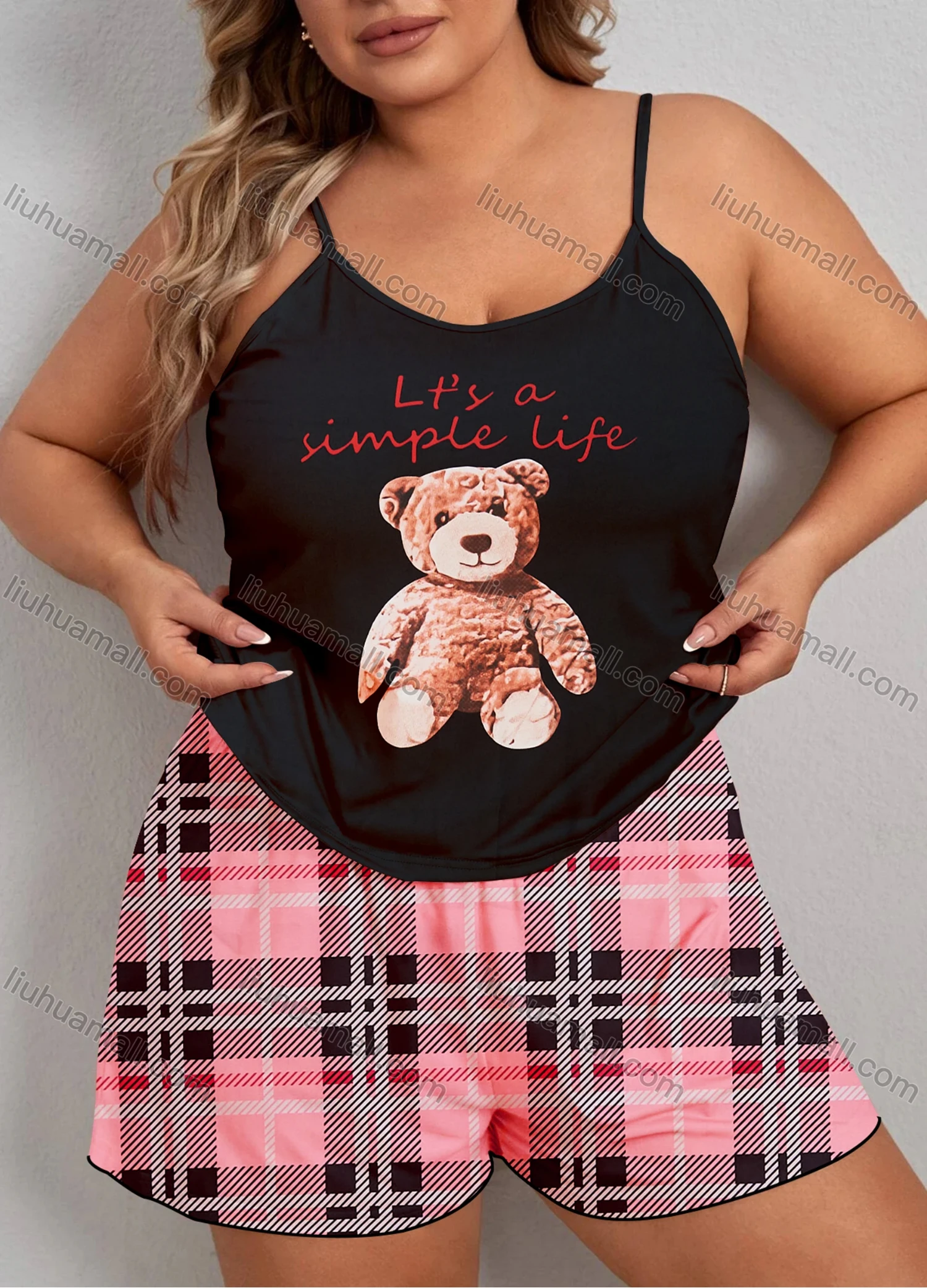 Wholesale Women's Lounge Milk Silk Bear Letter Print Cami Tops & Plaid Print Shorts Pajamas Sets DM2102# - Liuhuamall