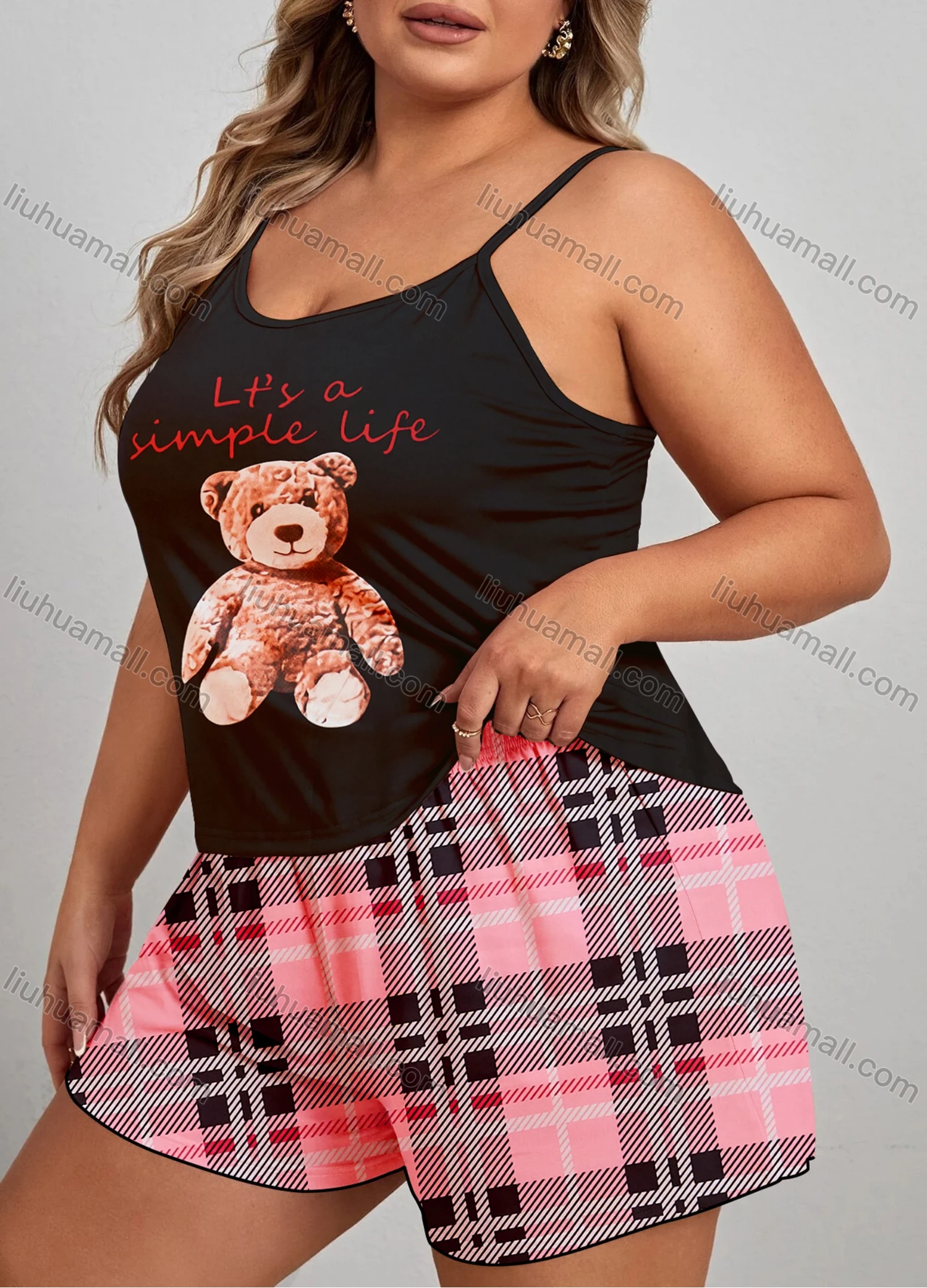 Wholesale Women's Lounge Milk Silk Bear Letter Print Cami Tops & Plaid Print Shorts Pajamas Sets DM2102# - Liuhuamall