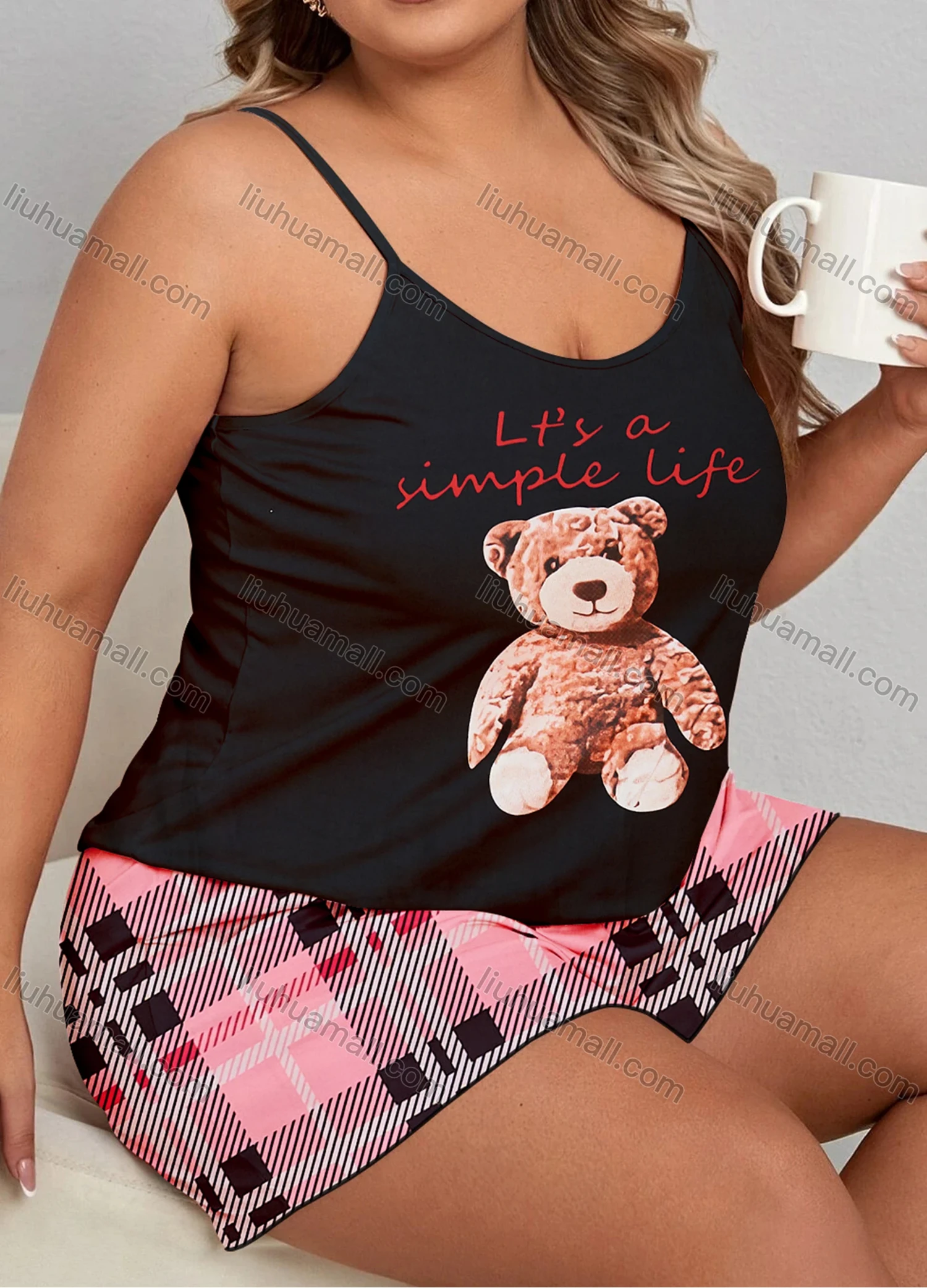 Wholesale Women's Lounge Milk Silk Bear Letter Print Cami Tops & Plaid Print Shorts Pajamas Sets DM2102# - Liuhuamall