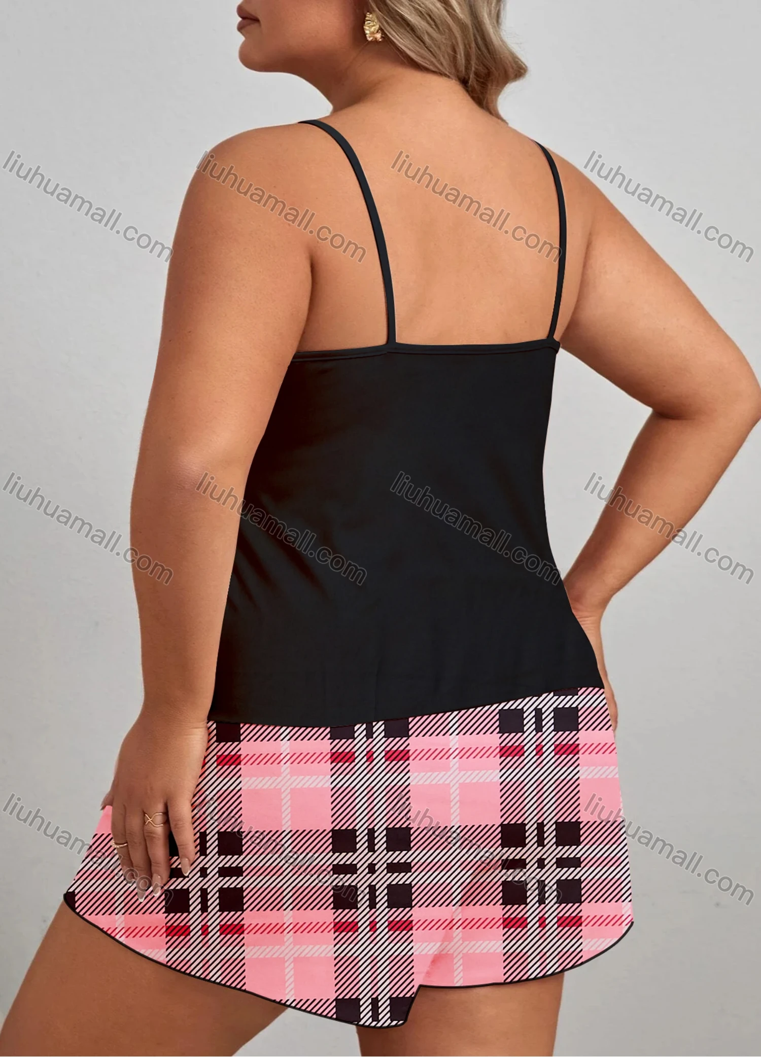 Wholesale Women's Lounge Milk Silk Bear Letter Print Cami Tops & Plaid Print Shorts Pajamas Sets DM2102# - Liuhuamall