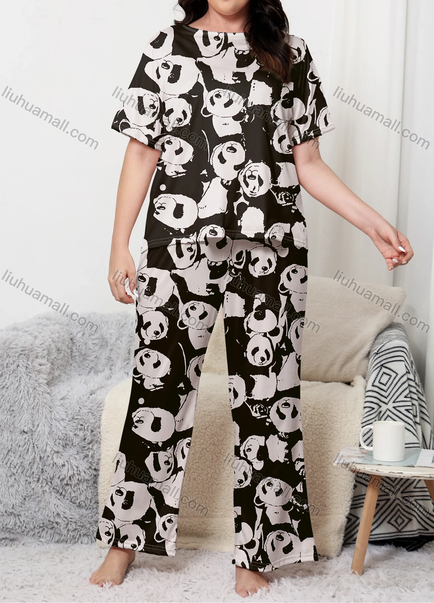 Wholesale Women's Lounge Milk Silk Allover Panda Print Short Sleeve T-shirt & Pant Soft Pajamas Sets DM02304-03# - Liuhuamall