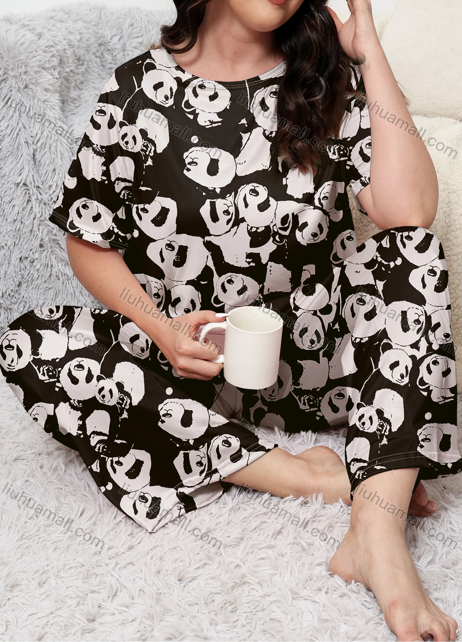 Wholesale Women's Lounge Milk Silk Allover Panda Print Short Sleeve T-shirt & Pant Soft Pajamas Sets DM02304-03# - Liuhuamall