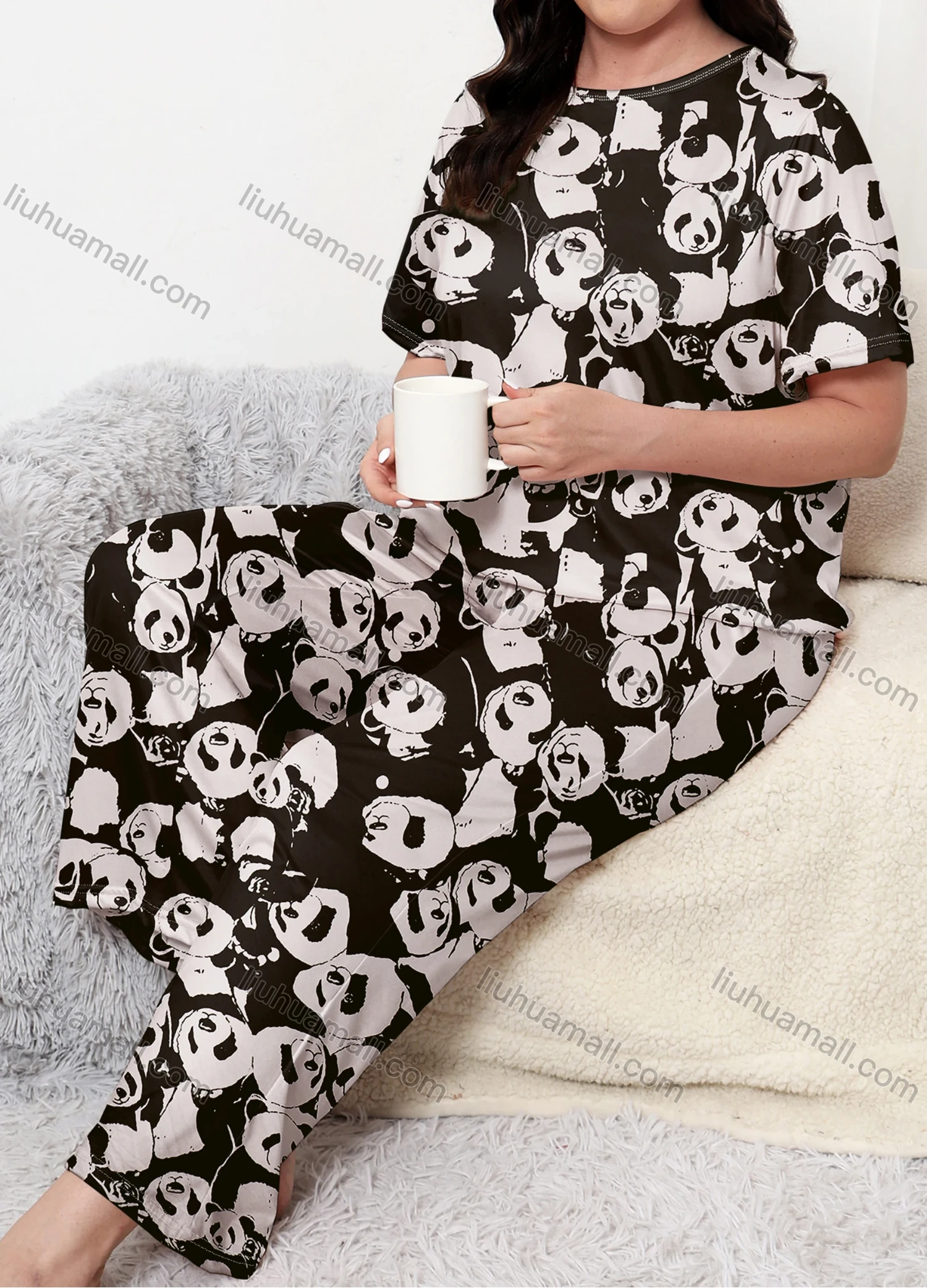 Wholesale Women's Lounge Milk Silk Allover Panda Print Short Sleeve T-shirt & Pant Soft Pajamas Sets DM02304-03# - Liuhuamall