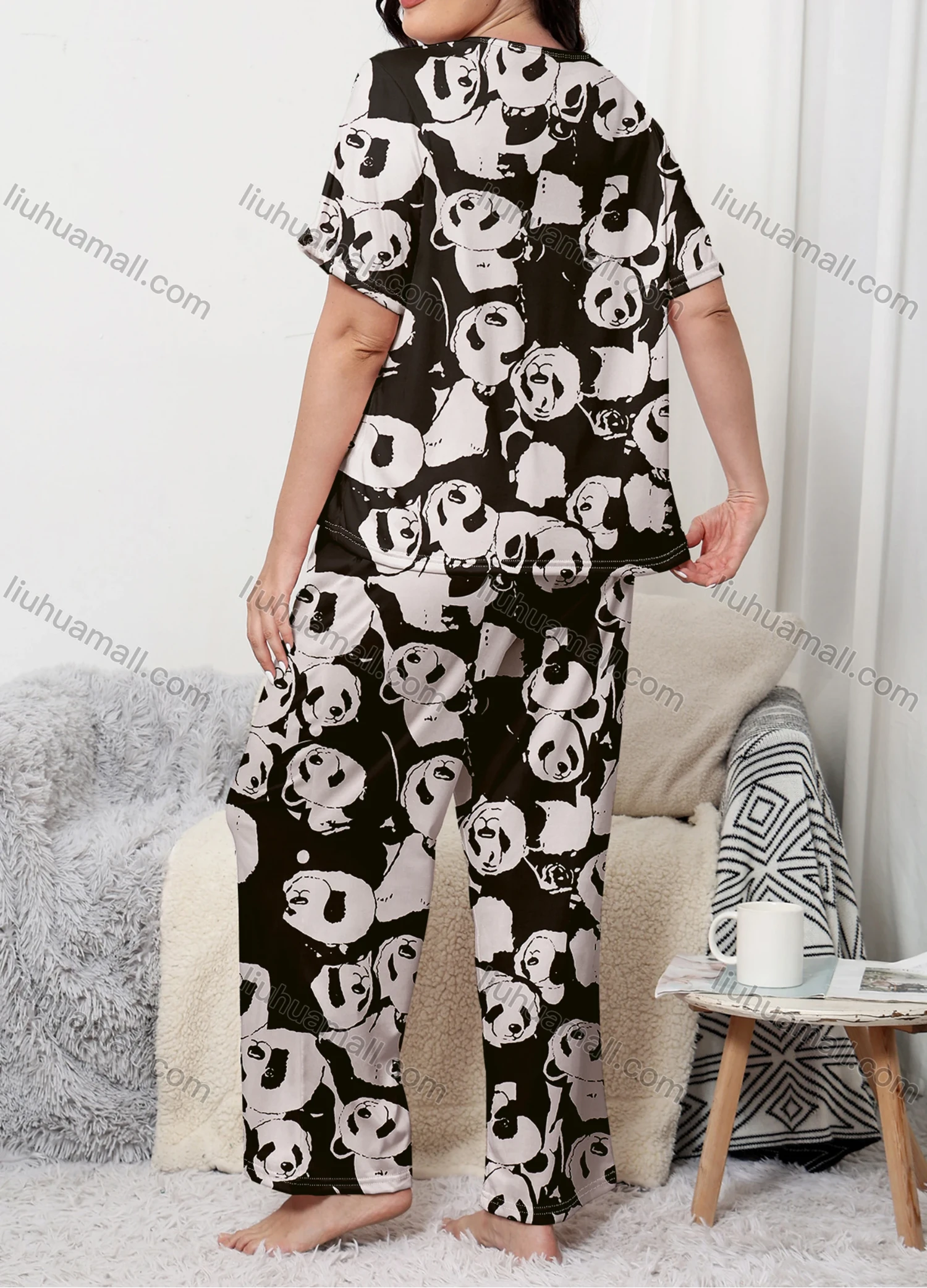 Wholesale Women's Lounge Milk Silk Allover Panda Print Short Sleeve T-shirt & Pant Soft Pajamas Sets DM02304-03# - Liuhuamall