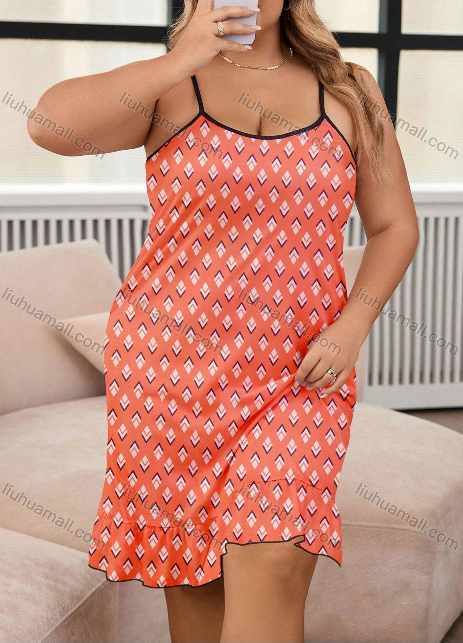 Wholesale Women's Milk Silk Allover Print Spaghetti Strap Lettuce Trim Ruffle Hem Cami Lounge Nightdress DM1103-01# - Liuhuamall