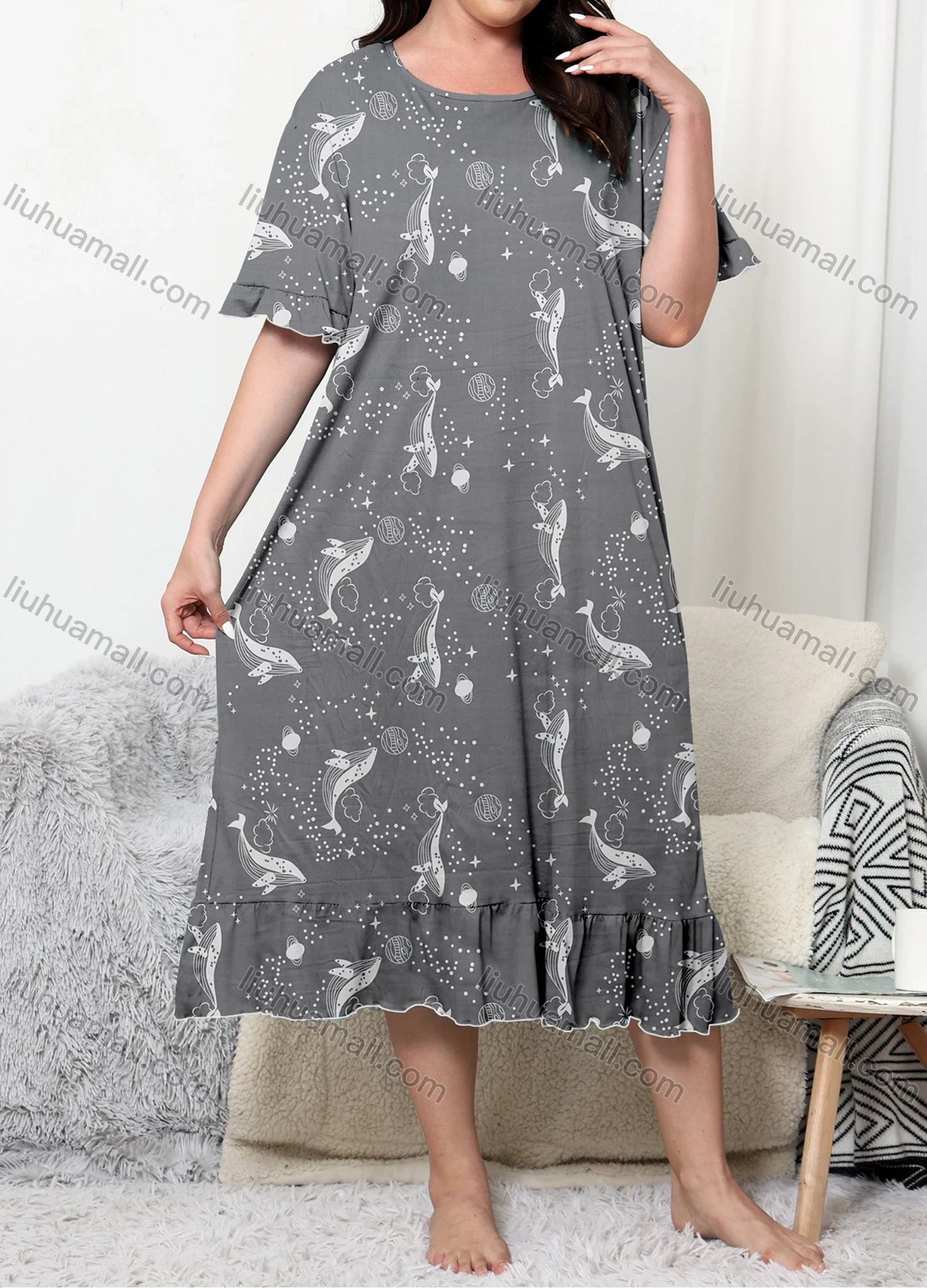 Wholesale Women's Milk Silk Allover Print Ruffle Trim Hem Crew Neck Short Sleeve Lounge Nightdress DM1301-02# - Liuhuamall