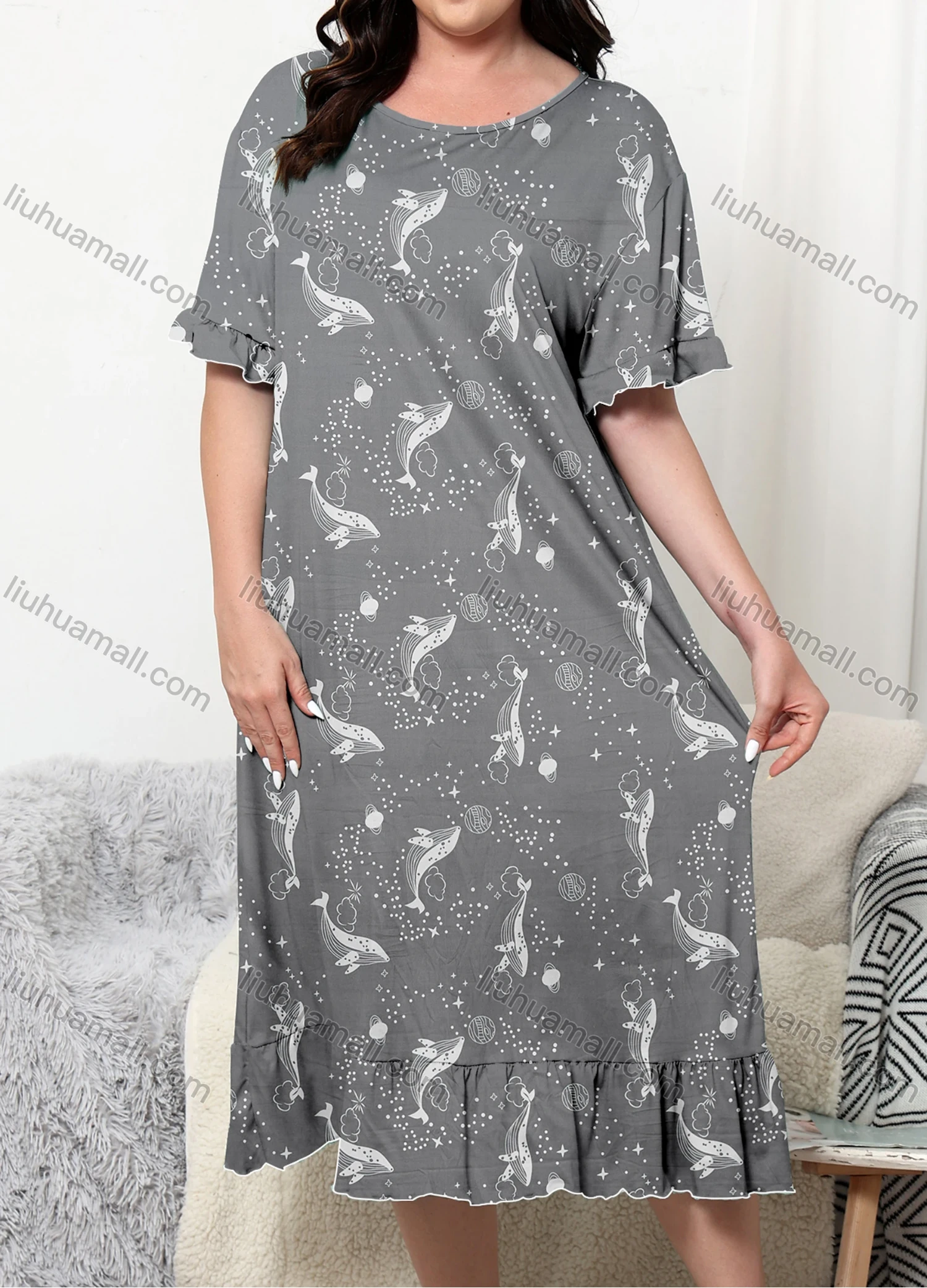 Wholesale Women's Milk Silk Allover Print Ruffle Trim Hem Crew Neck Short Sleeve Lounge Nightdress DM1301-02# - Liuhuamall