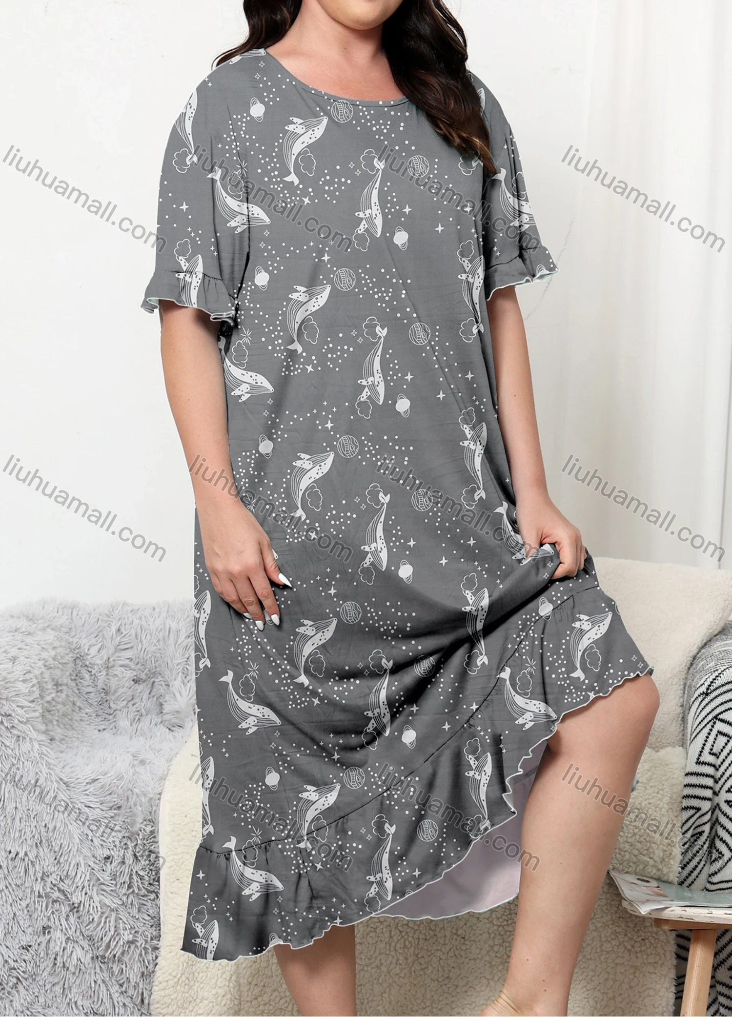 Wholesale Women's Milk Silk Allover Print Ruffle Trim Hem Crew Neck Short Sleeve Lounge Nightdress DM1301-02# - Liuhuamall