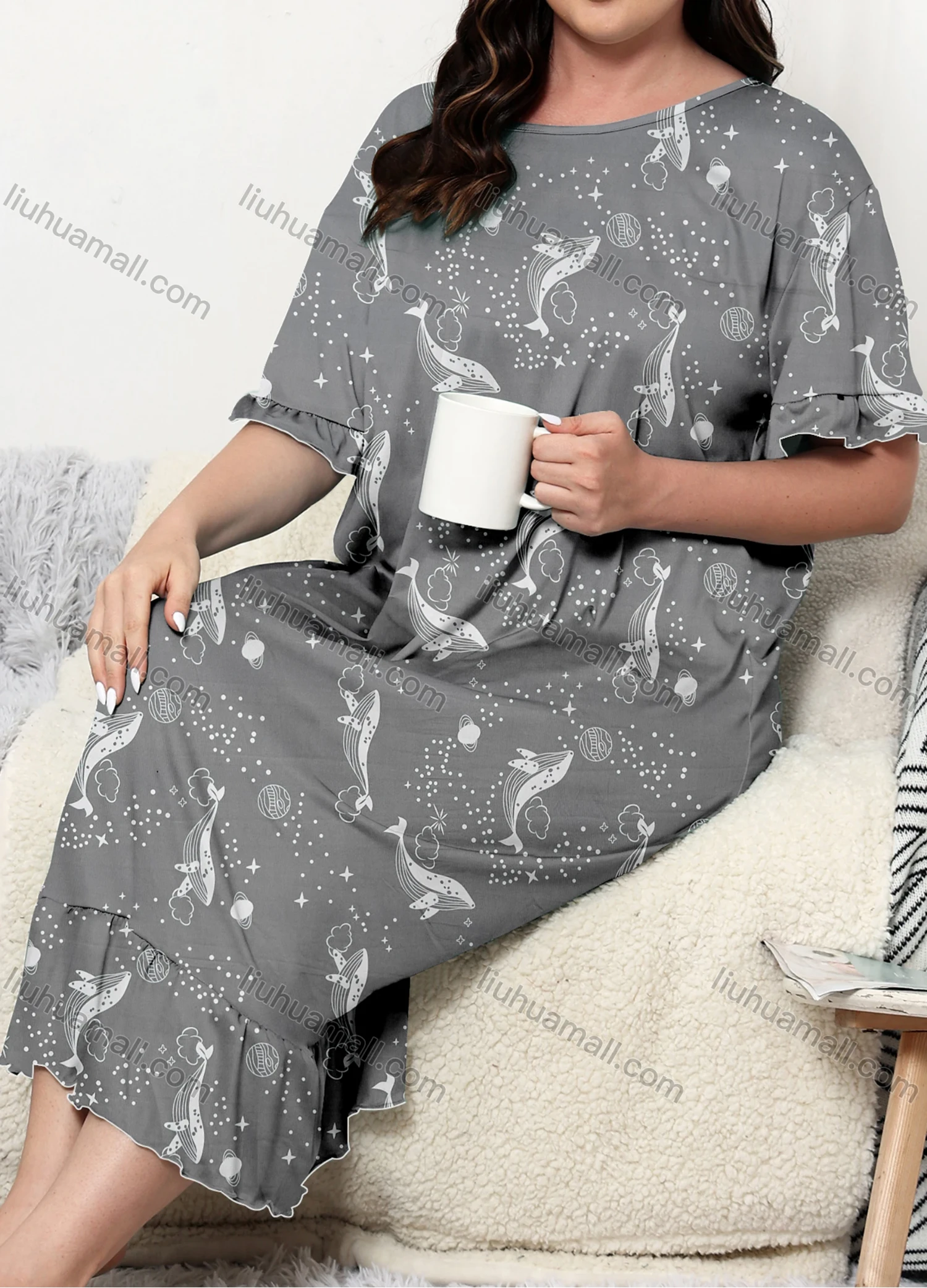 Wholesale Women's Milk Silk Allover Print Ruffle Trim Hem Crew Neck Short Sleeve Lounge Nightdress DM1301-02# - Liuhuamall