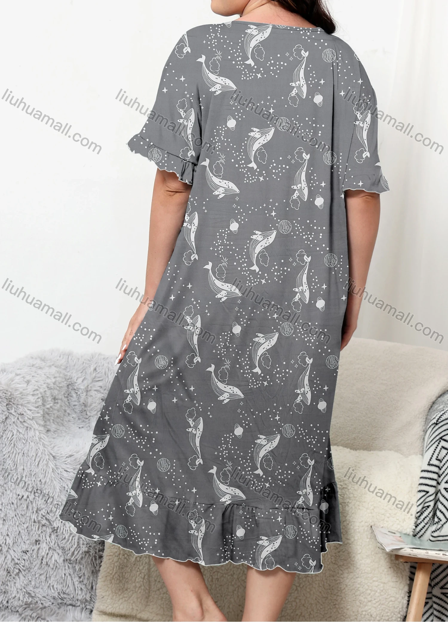 Wholesale Women's Milk Silk Allover Print Ruffle Trim Hem Crew Neck Short Sleeve Lounge Nightdress DM1301-02# - Liuhuamall