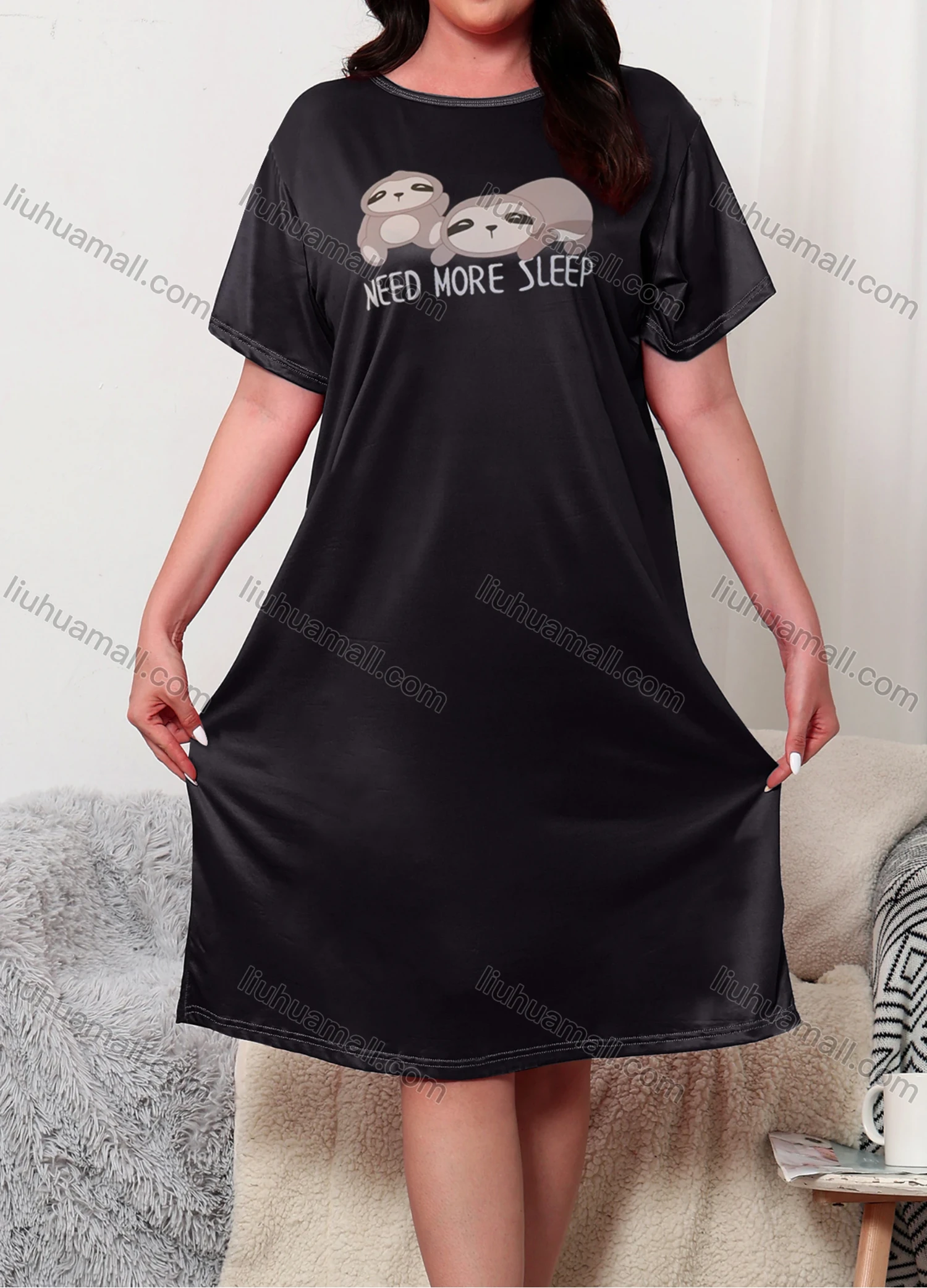 Wholesale Women's Milk Silk Cartoon Letter Print Crew Neck Short Sleeve Lounge Midi Nightdress DM1306-05# - Liuhuamall