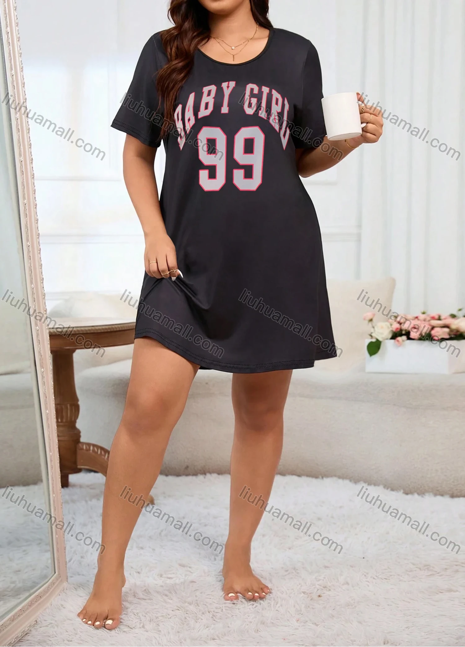 Wholesale Women's Lounge Milk Silk Letter Print Crew Neck Short Sleeve Soft Nightdress DM1307# - Liuhuamall