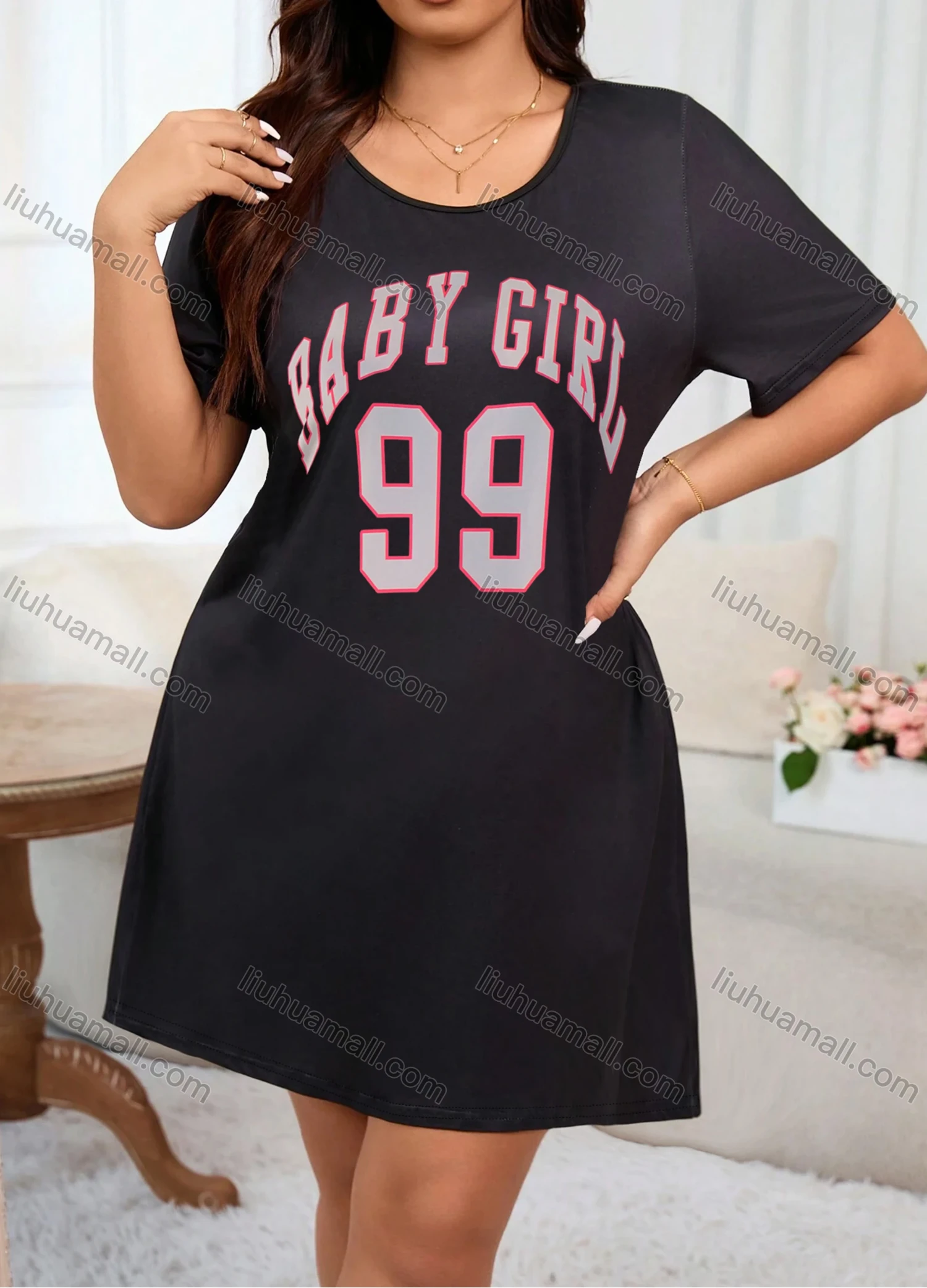 Wholesale Women's Lounge Milk Silk Letter Print Crew Neck Short Sleeve Soft Nightdress DM1307# - Liuhuamall