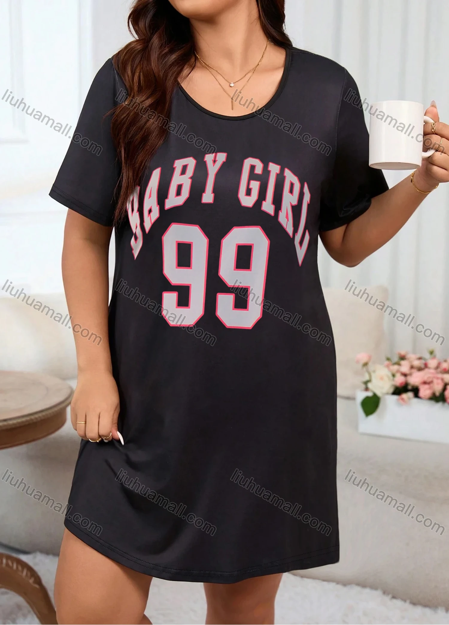 Wholesale Women's Lounge Milk Silk Letter Print Crew Neck Short Sleeve Soft Nightdress DM1307# - Liuhuamall