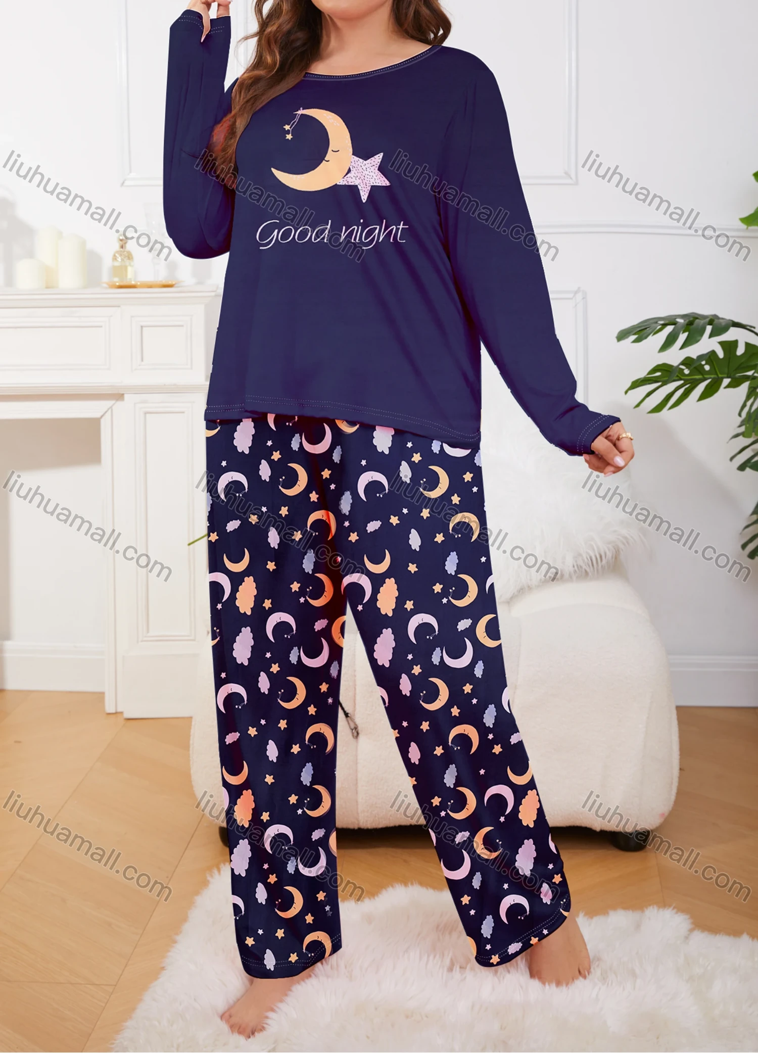 Wholesale Women's Lounge Milk Silk Moon Letter Print Long Sleeve T-shirt & Pant Soft Pajamas Sets DM02402# - Liuhuamall