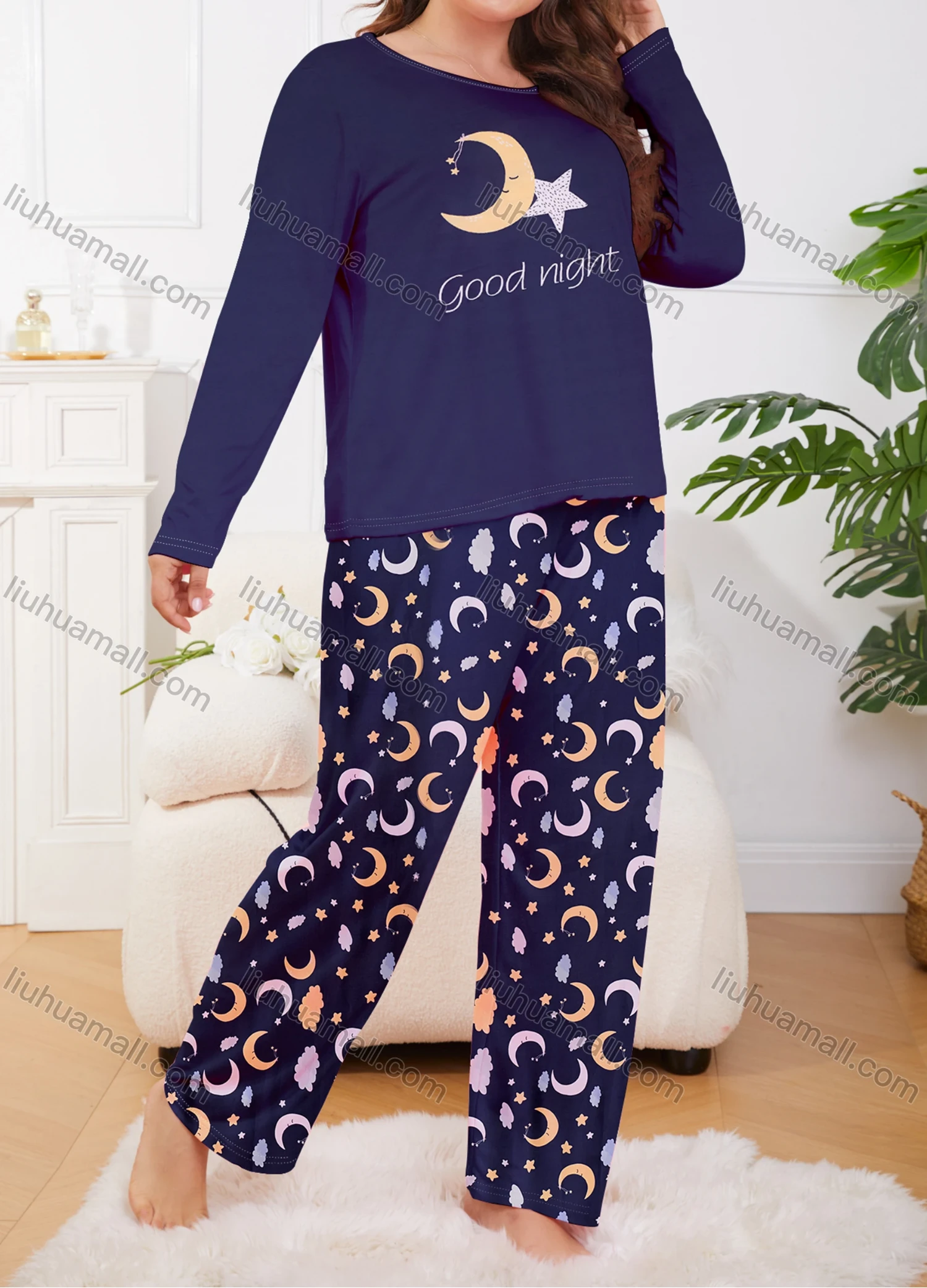 Wholesale Women's Lounge Milk Silk Moon Letter Print Long Sleeve T-shirt & Pant Soft Pajamas Sets DM02402# - Liuhuamall
