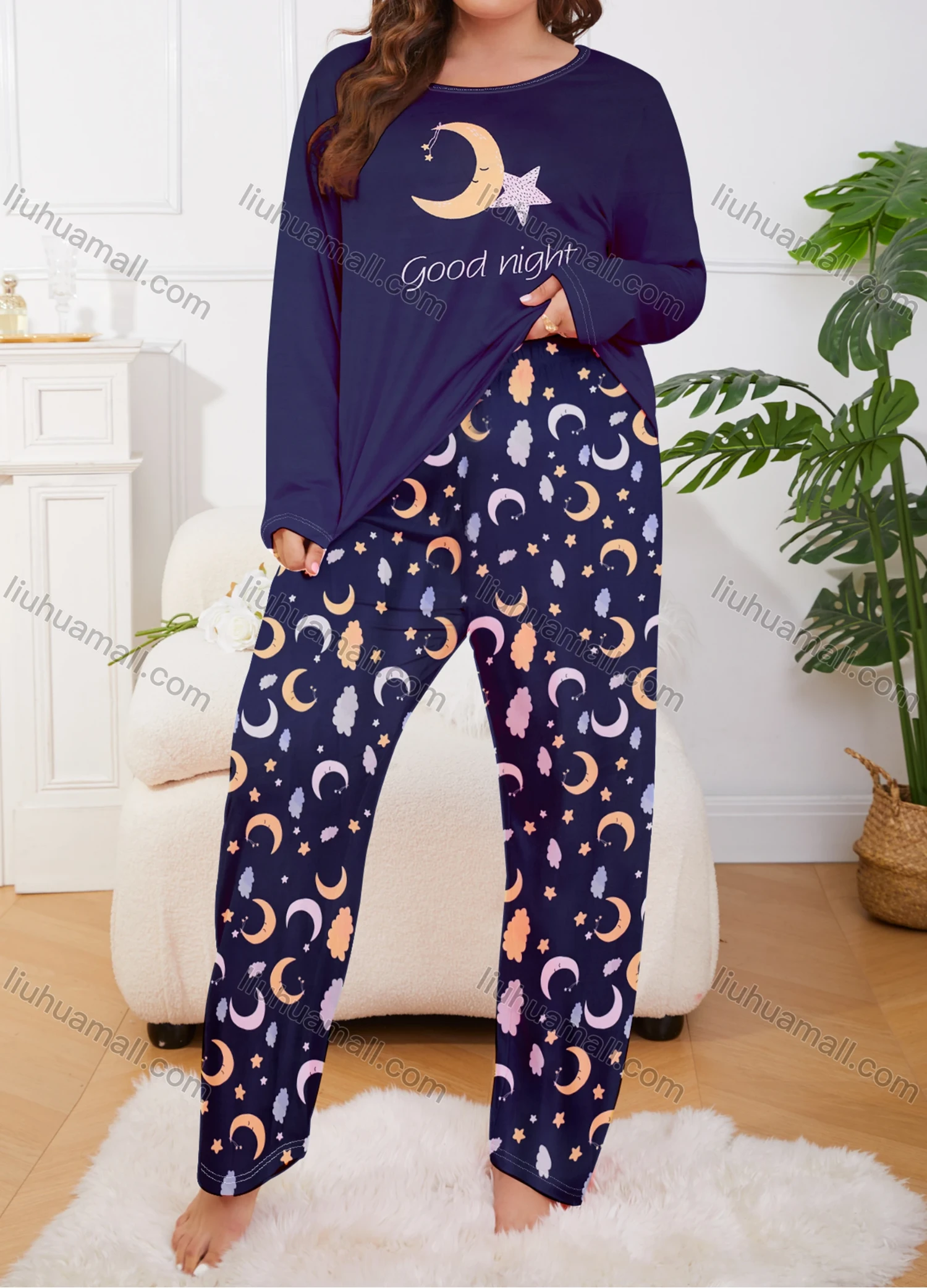 Wholesale Women's Lounge Milk Silk Moon Letter Print Long Sleeve T-shirt & Pant Soft Pajamas Sets DM02402# - Liuhuamall