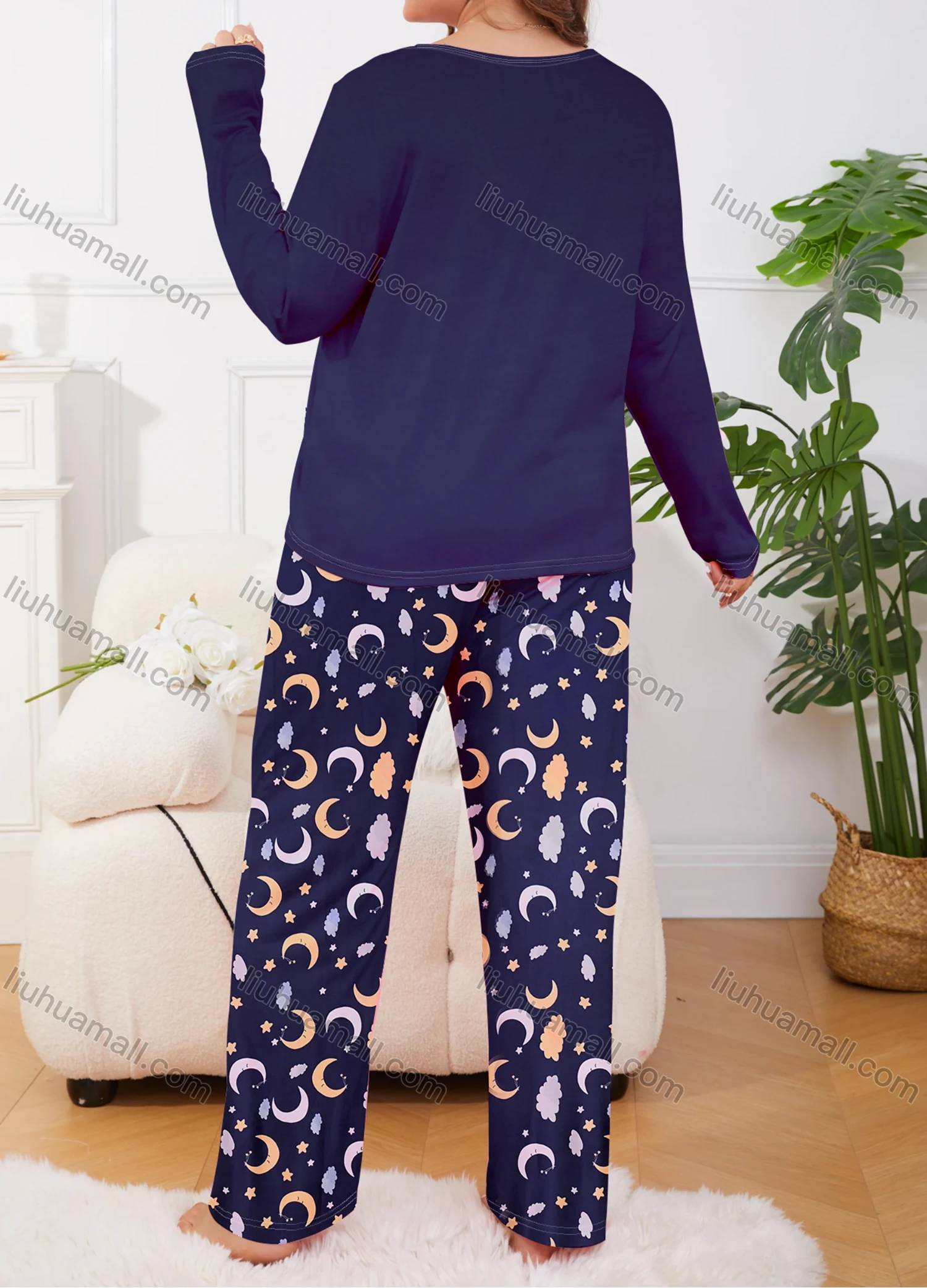 Wholesale Women's Lounge Milk Silk Moon Letter Print Long Sleeve T-shirt & Pant Soft Pajamas Sets DM02402# - Liuhuamall