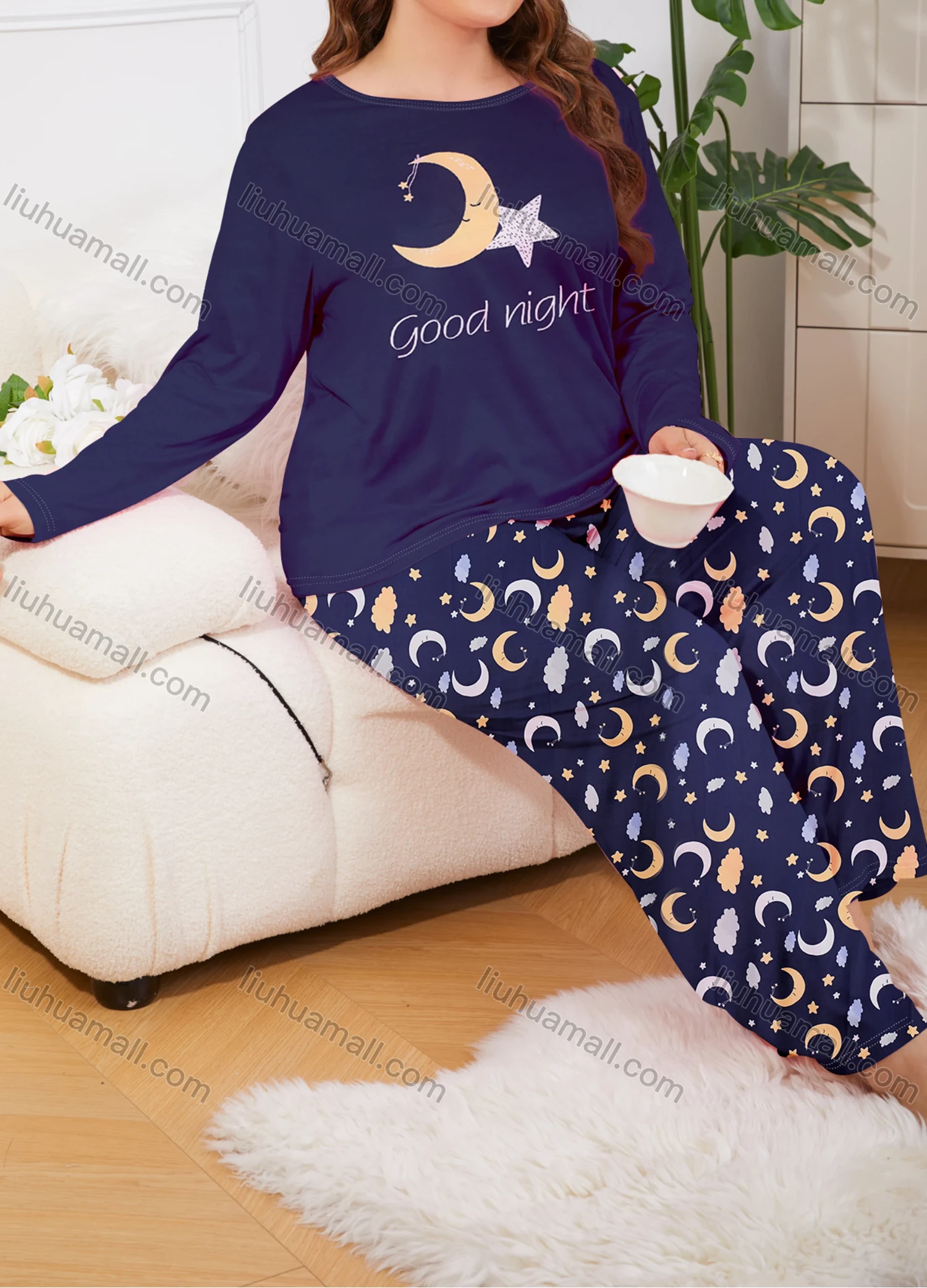 Wholesale Women's Lounge Milk Silk Moon Letter Print Long Sleeve T-shirt & Pant Soft Pajamas Sets DM02402# - Liuhuamall