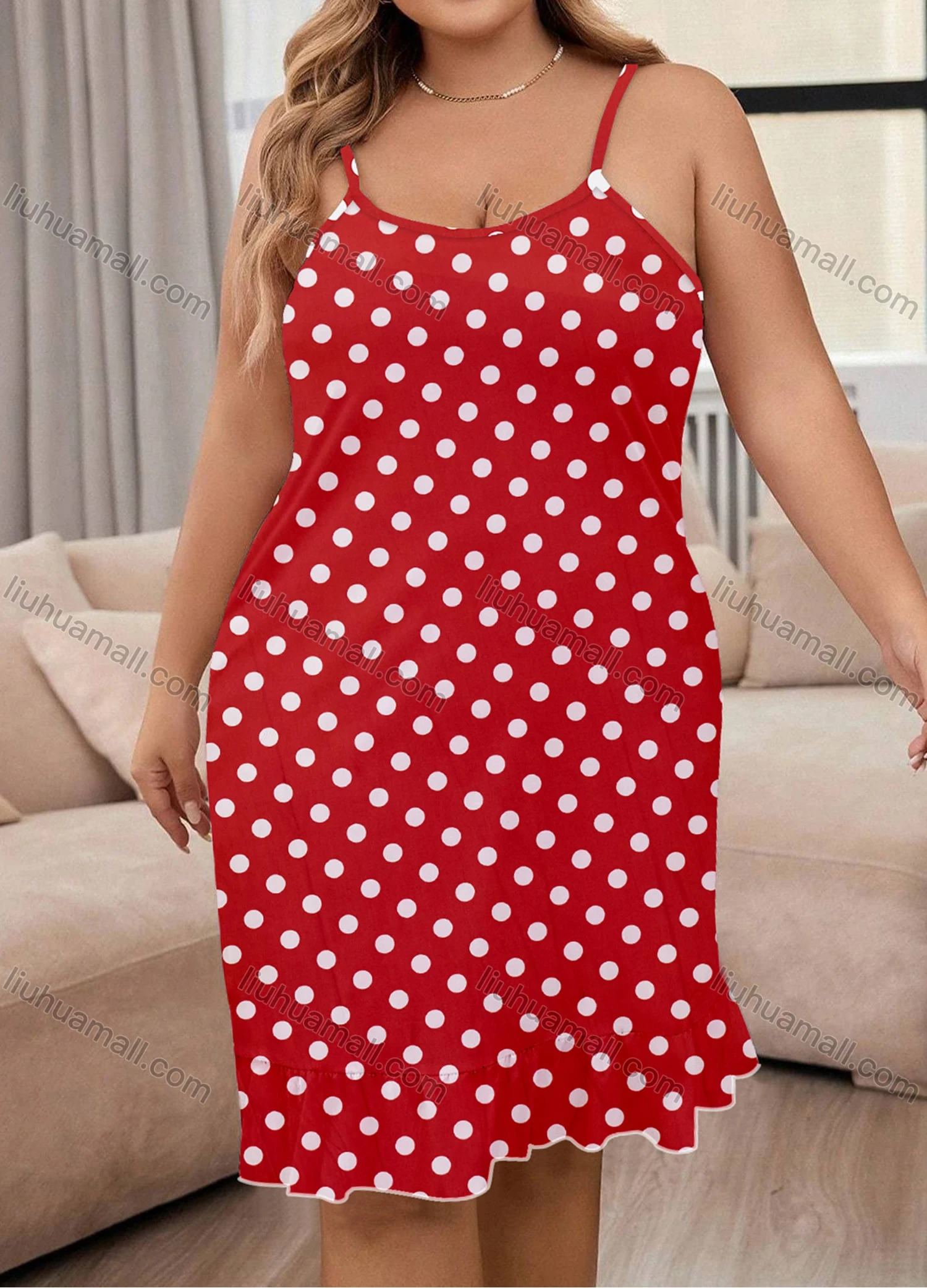 Wholesale Women's Milk Silk Allover Polka Dot Print Spaghetti Strap Lettuce Trim Cami Lounge Nightdress DM1106# - Liuhuamall