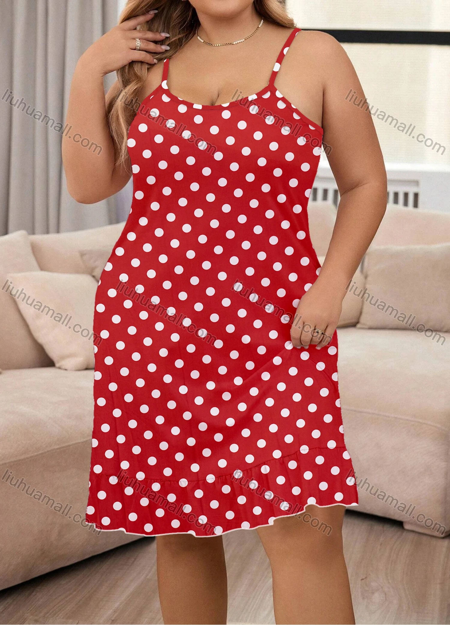 Wholesale Women's Milk Silk Allover Polka Dot Print Spaghetti Strap Lettuce Trim Cami Lounge Nightdress DM1106# - Liuhuamall