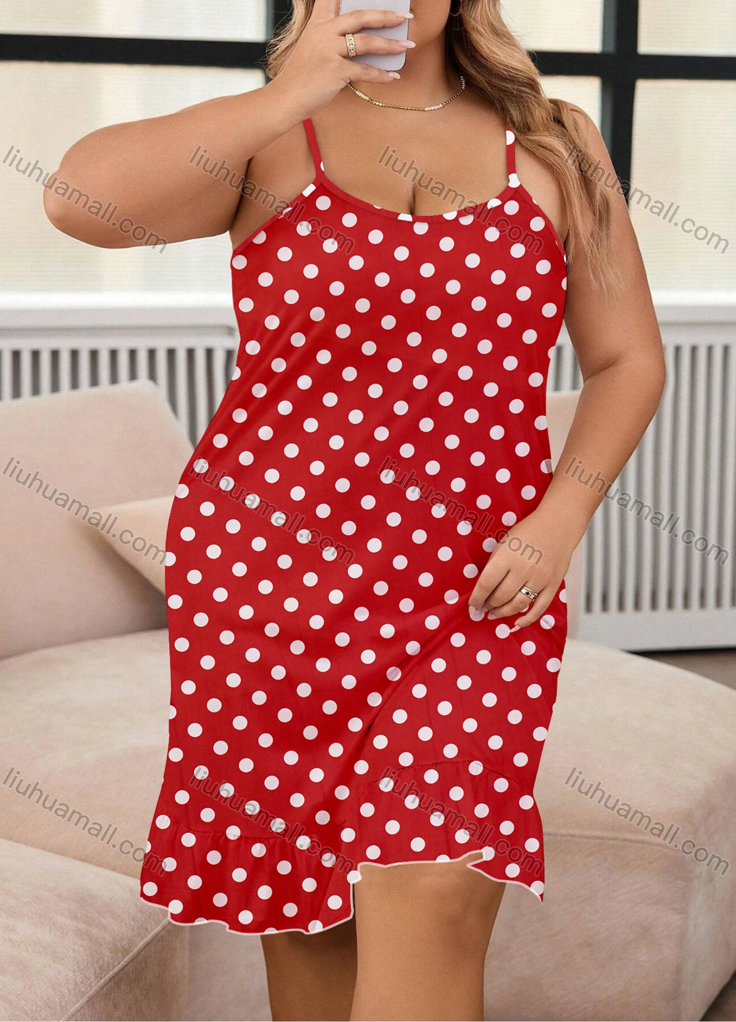Wholesale Women's Milk Silk Allover Polka Dot Print Spaghetti Strap Lettuce Trim Cami Lounge Nightdress DM1106# - Liuhuamall