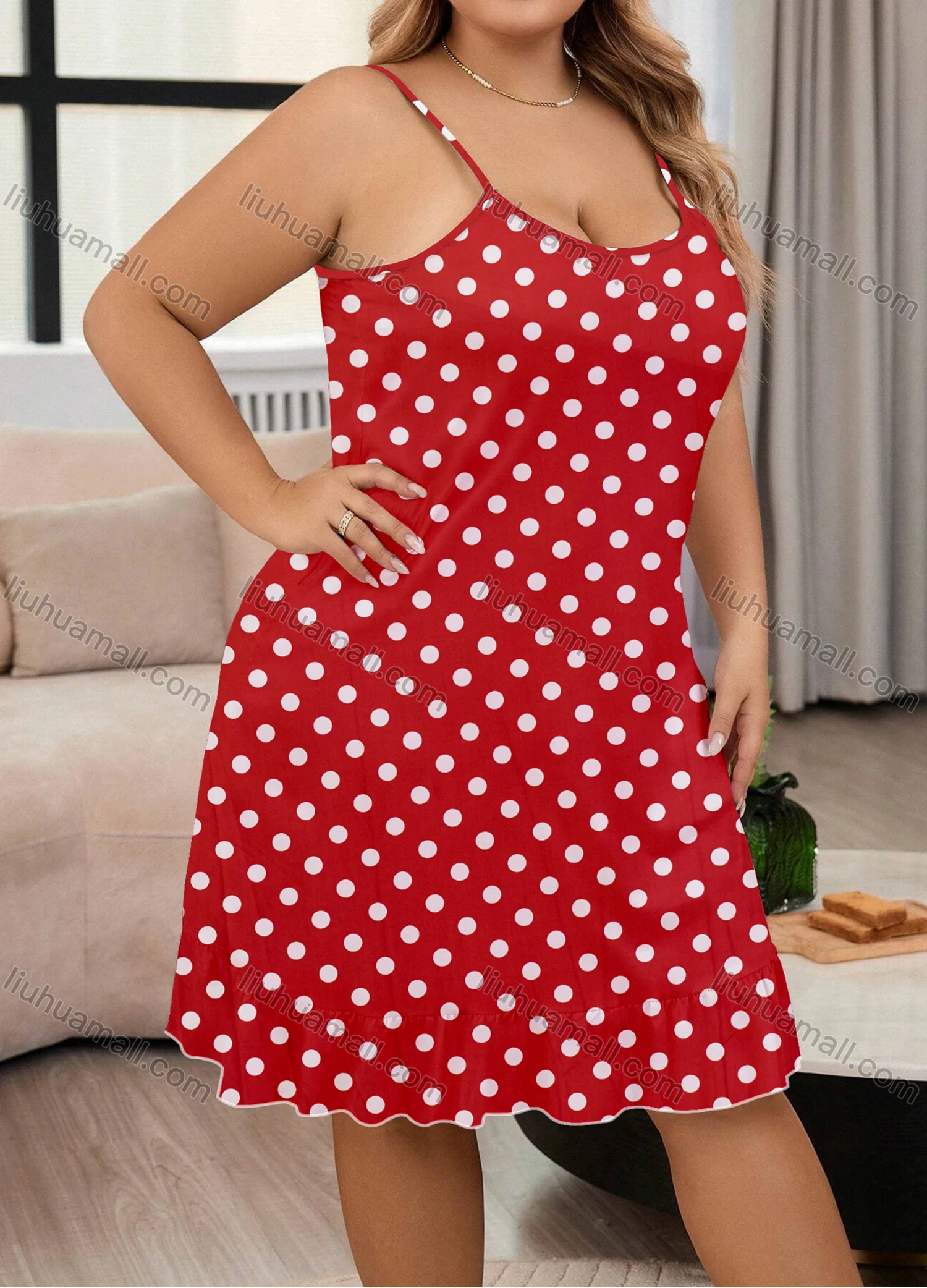 Wholesale Women's Milk Silk Allover Polka Dot Print Spaghetti Strap Lettuce Trim Cami Lounge Nightdress DM1106# - Liuhuamall