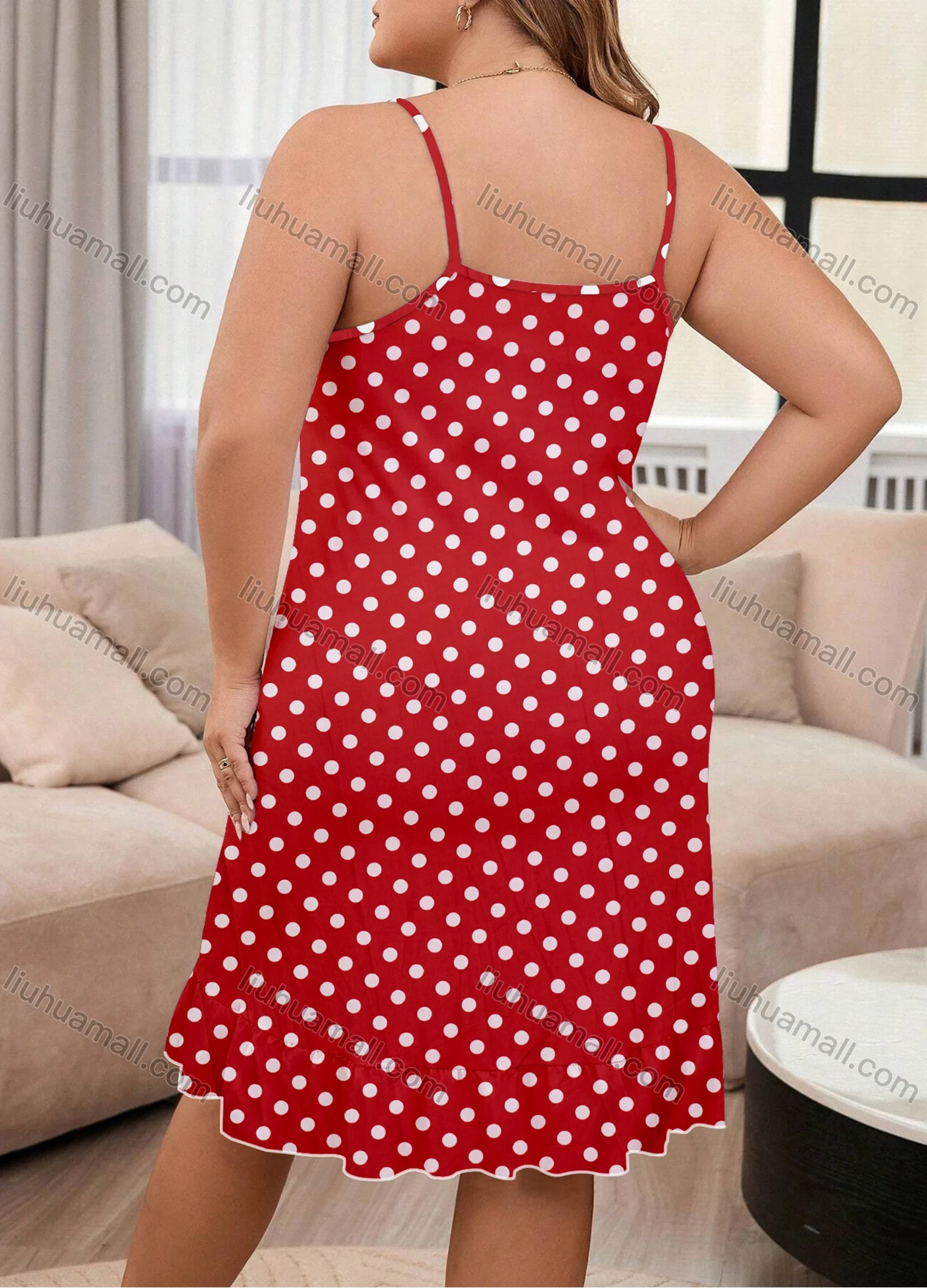 Wholesale Women's Milk Silk Allover Polka Dot Print Spaghetti Strap Lettuce Trim Cami Lounge Nightdress DM1106# - Liuhuamall