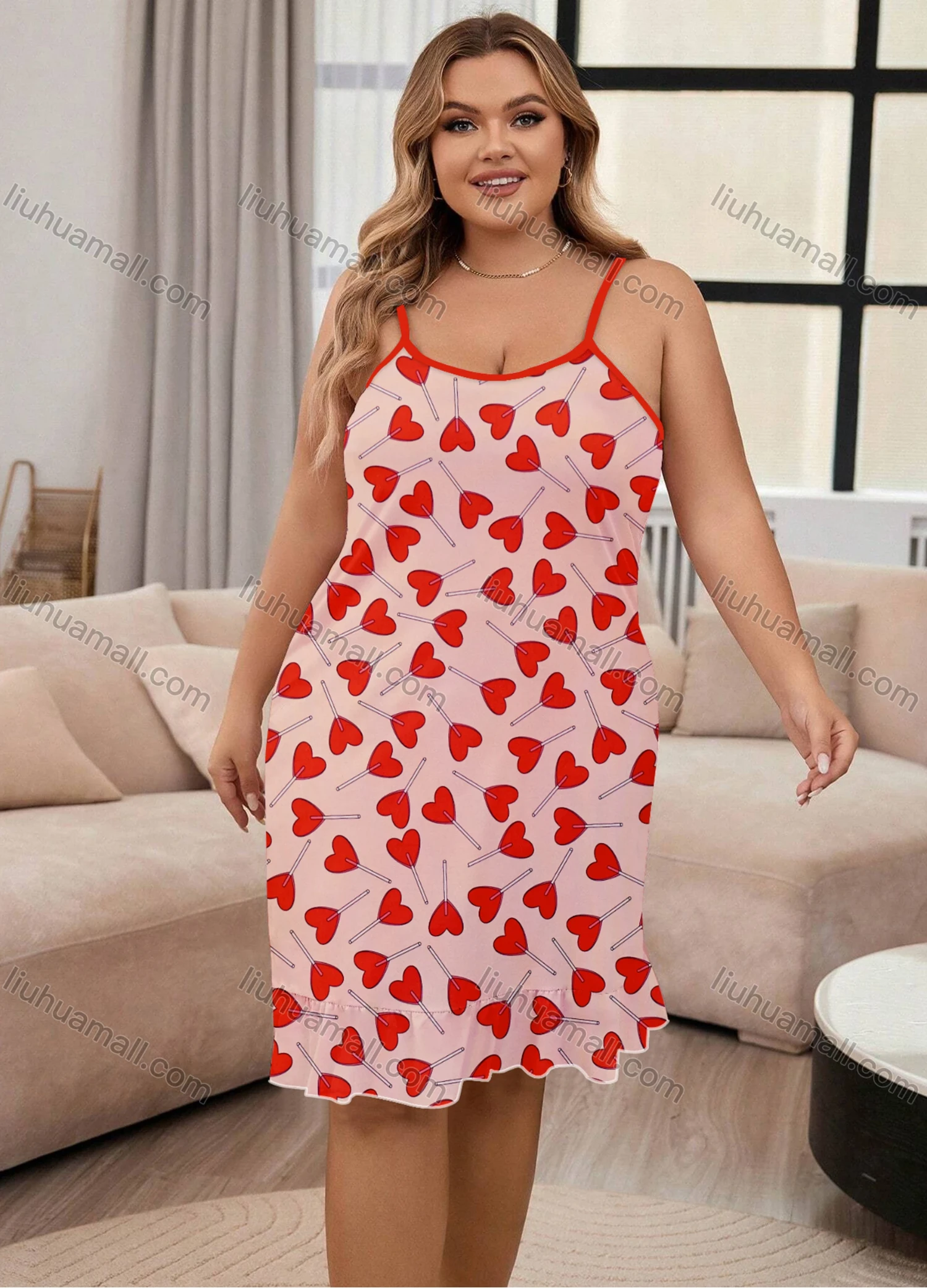 Wholesale Women's Milk Silk Allover Heart Print Spaghetti Strap Lettuce Trim Cami Lounge Nightdress DM1106-01# - Liuhuamall