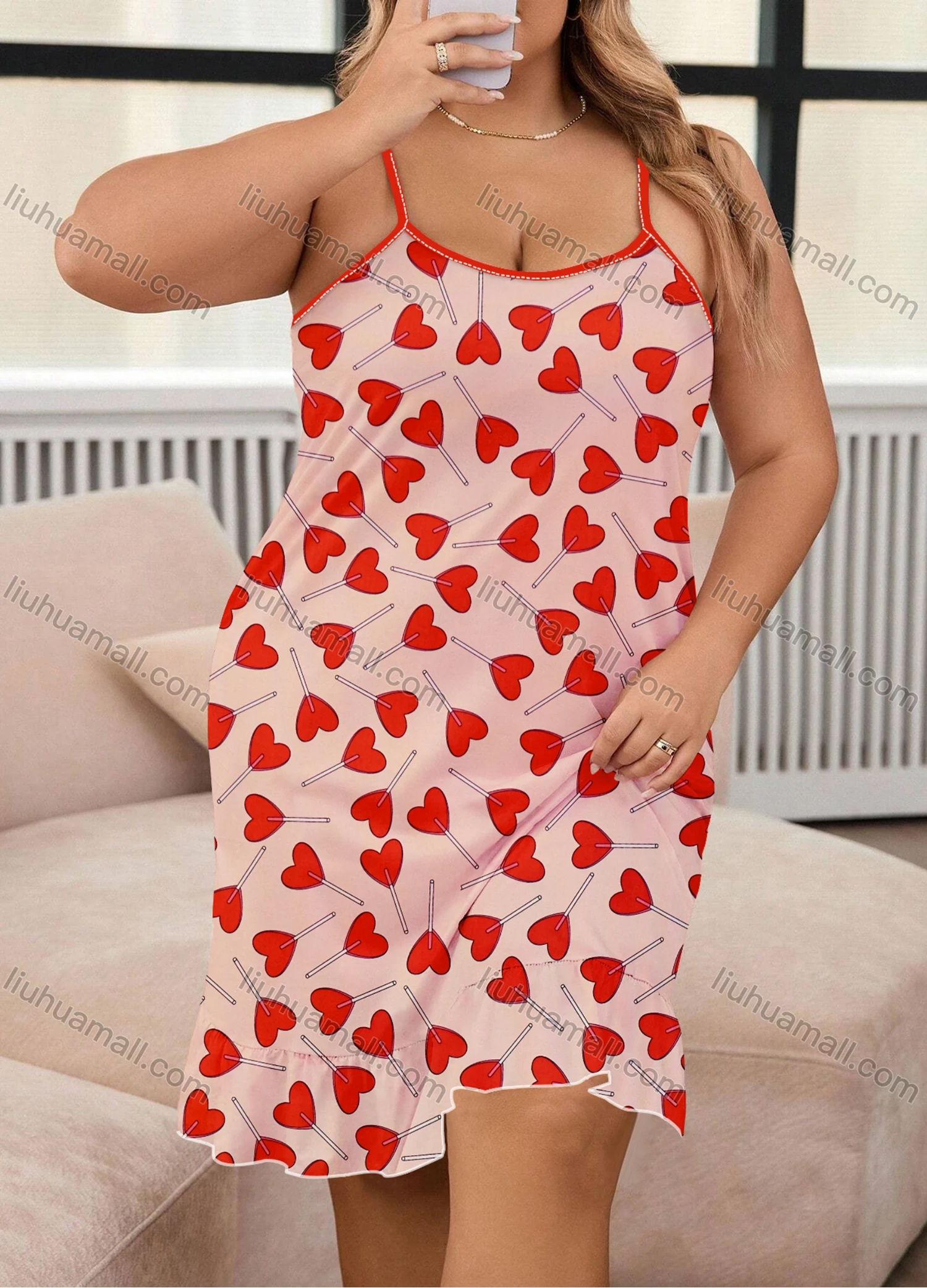 Wholesale Women's Milk Silk Allover Heart Print Spaghetti Strap Lettuce Trim Cami Lounge Nightdress DM1106-01# - Liuhuamall