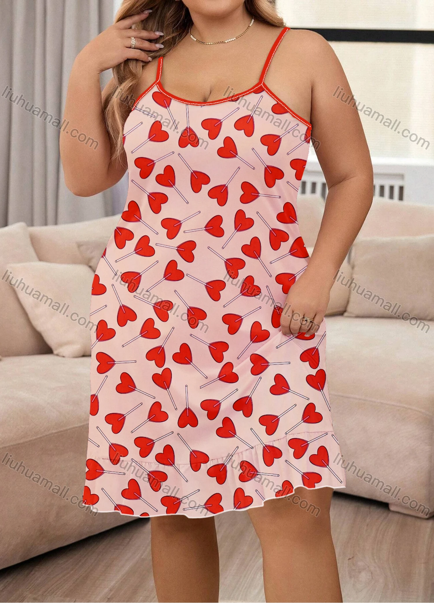Wholesale Women's Milk Silk Allover Heart Print Spaghetti Strap Lettuce Trim Cami Lounge Nightdress DM1106-01# - Liuhuamall