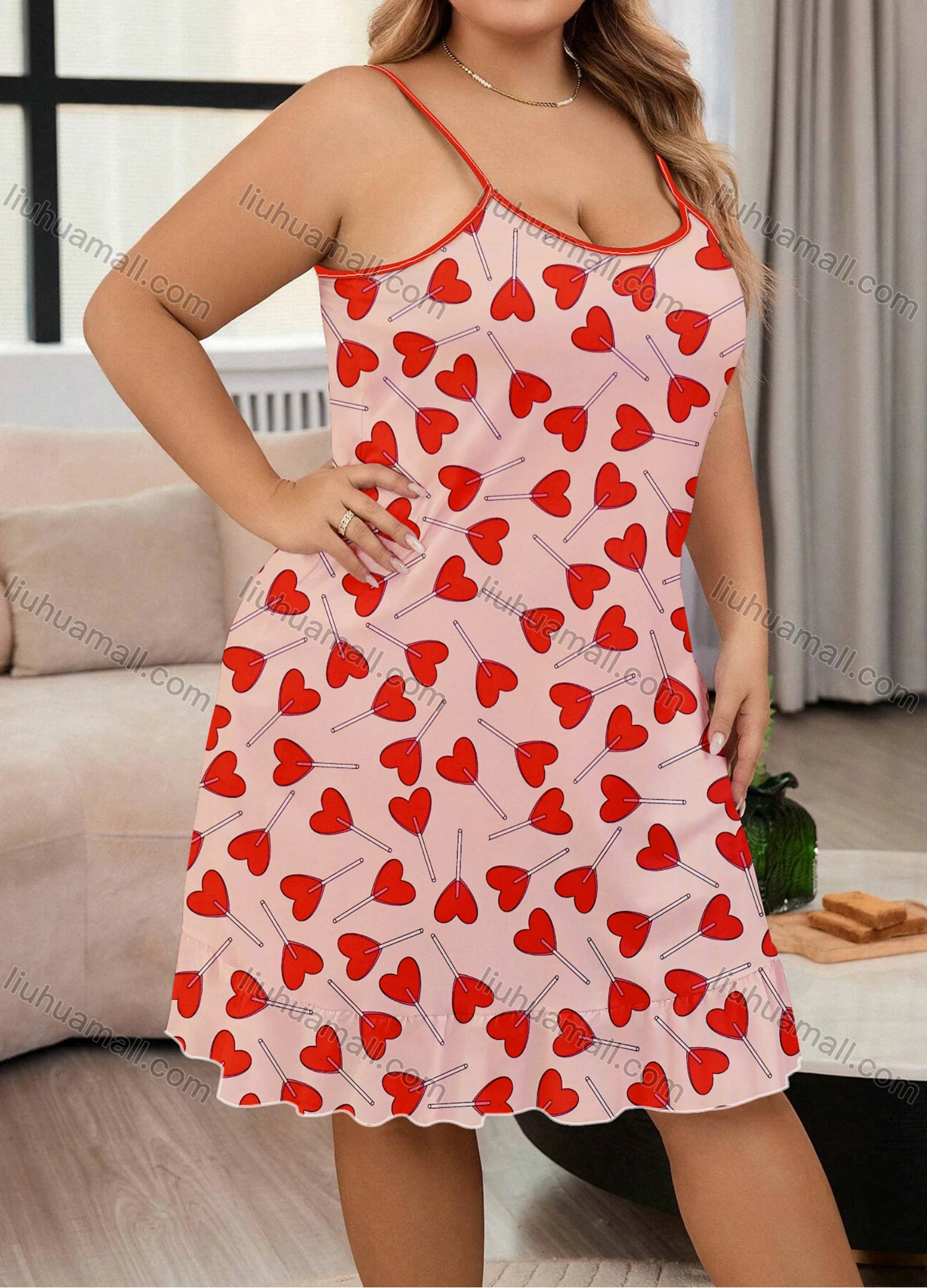 Wholesale Women's Milk Silk Allover Heart Print Spaghetti Strap Lettuce Trim Cami Lounge Nightdress DM1106-01# - Liuhuamall